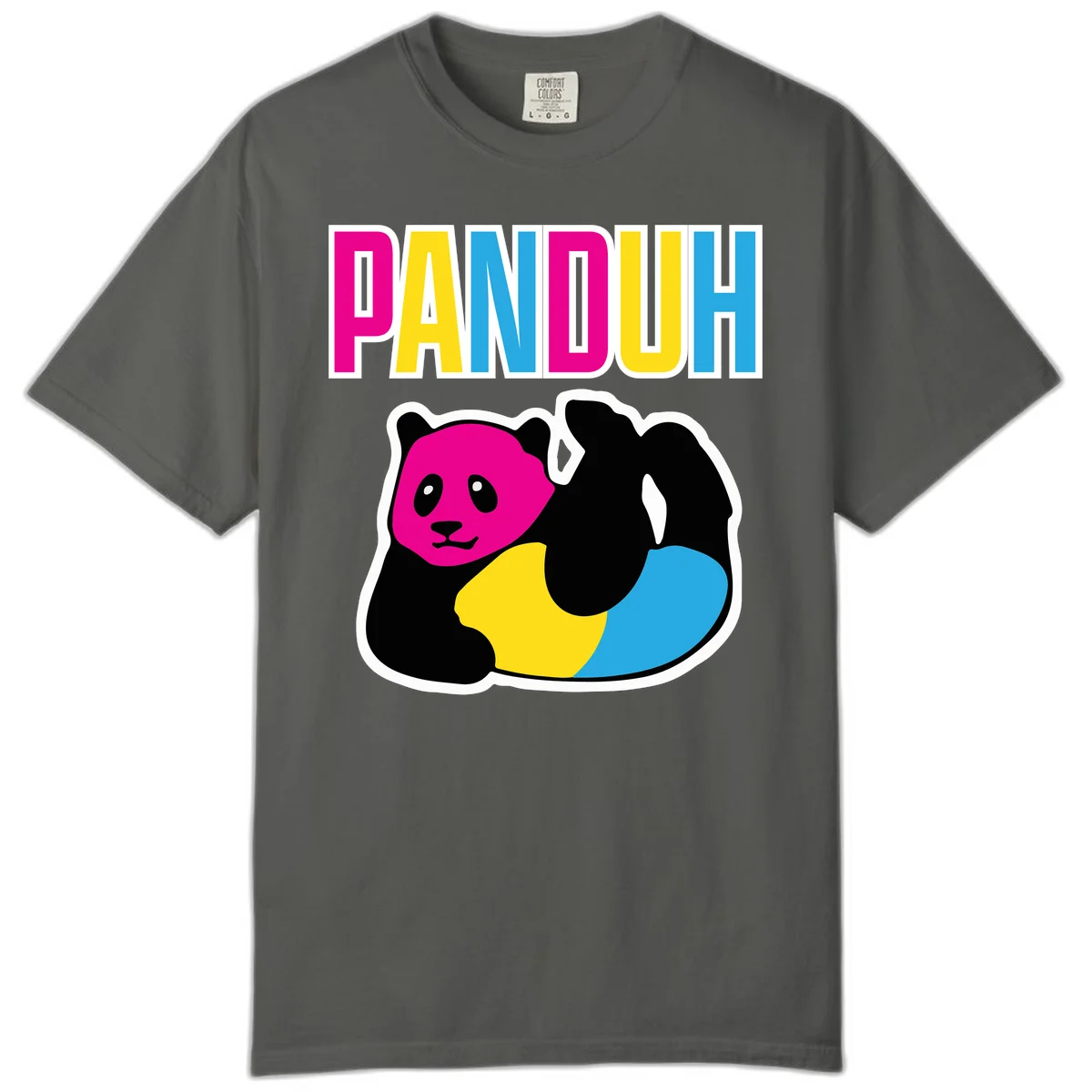 Colorful panda illustration with magenta face and black body, yellow and cyan sections, bold PANDOUH text above in CMYK colors in Pepper