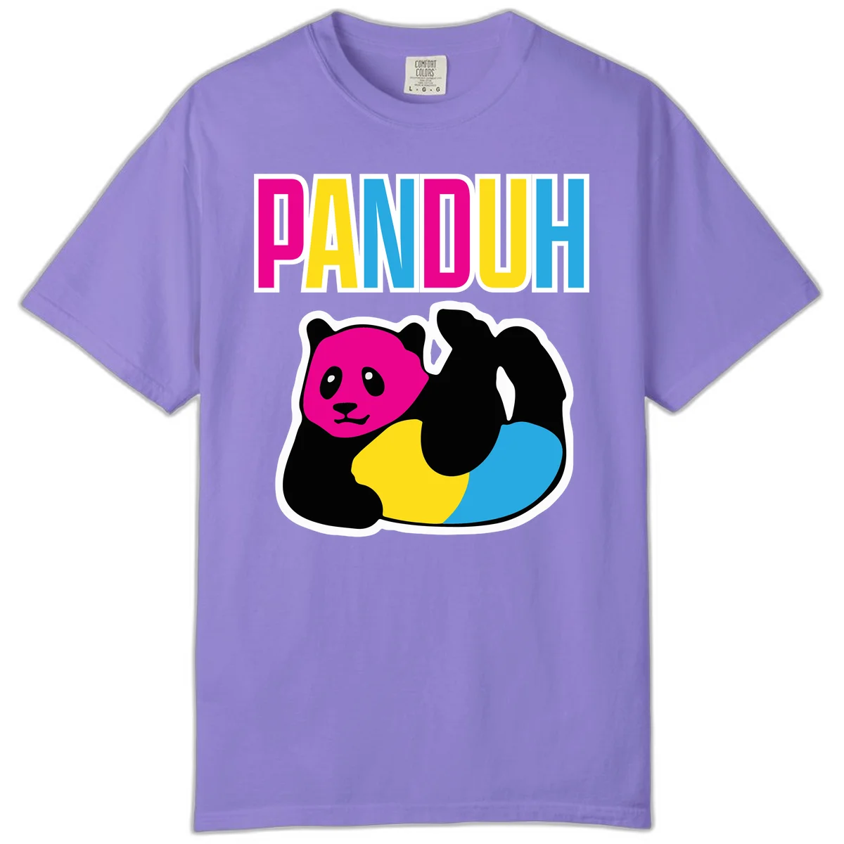 Colorful panda illustration with magenta face and black body, yellow and cyan sections, bold PANDOUH text above in CMYK colors in Violet