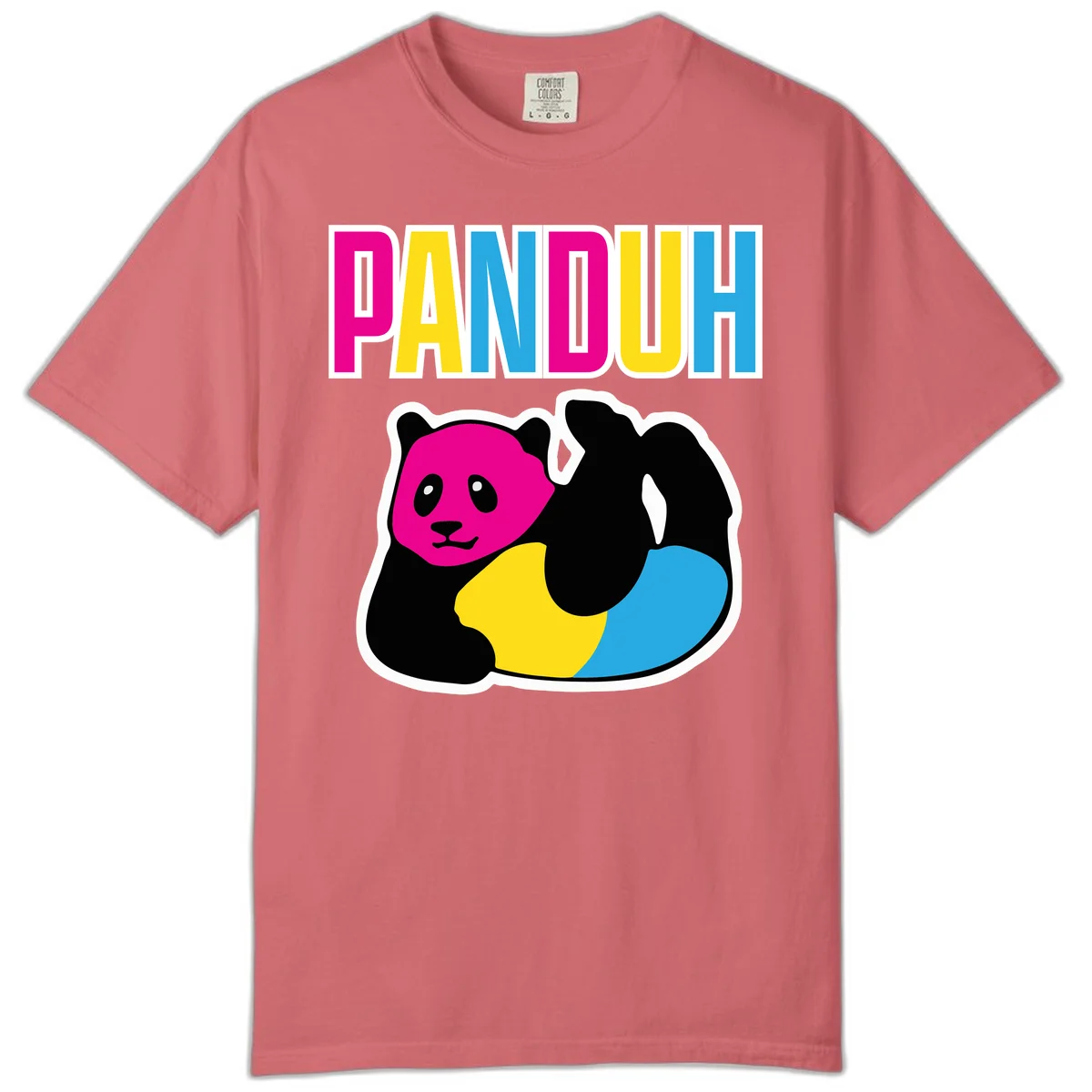 Colorful panda illustration with magenta face and black body, yellow and cyan sections, bold PANDOUH text above in CMYK colors in Watermelon