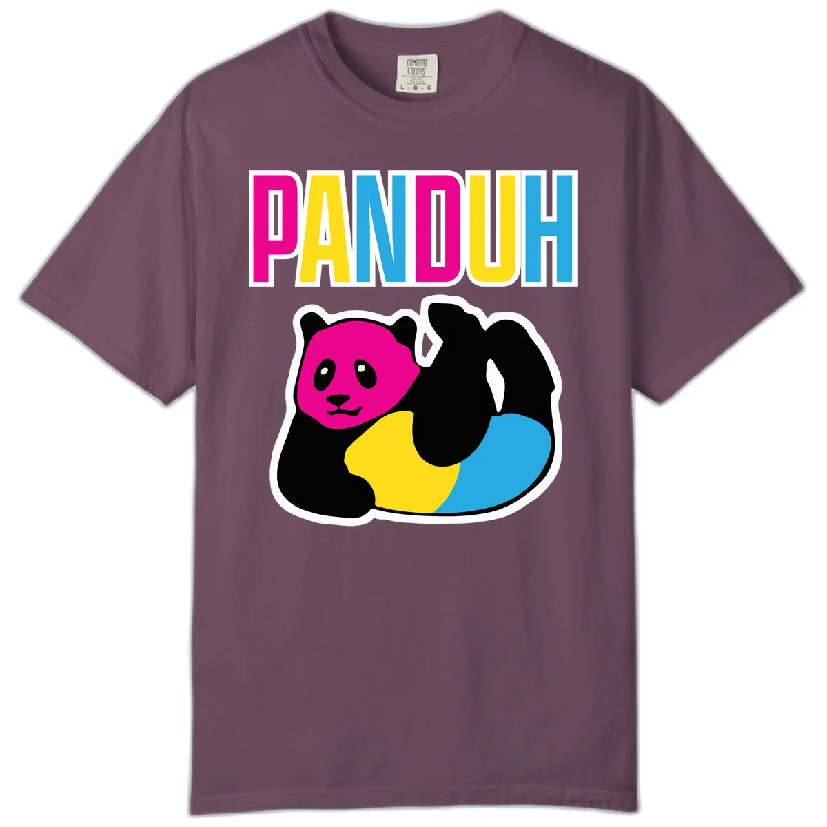 Colorful panda illustration with magenta face and black body, yellow and cyan sections, bold PANDOUH text above in CMYK colors in Berry