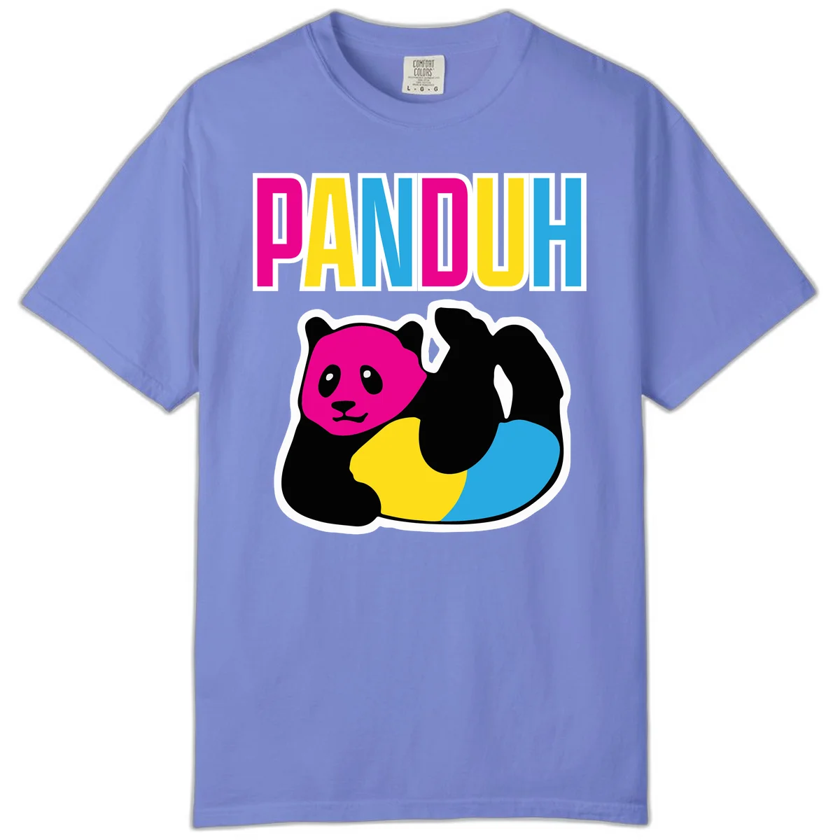 Colorful panda illustration with magenta face and black body, yellow and cyan sections, bold PANDOUH text above in CMYK colors in Flo Blue