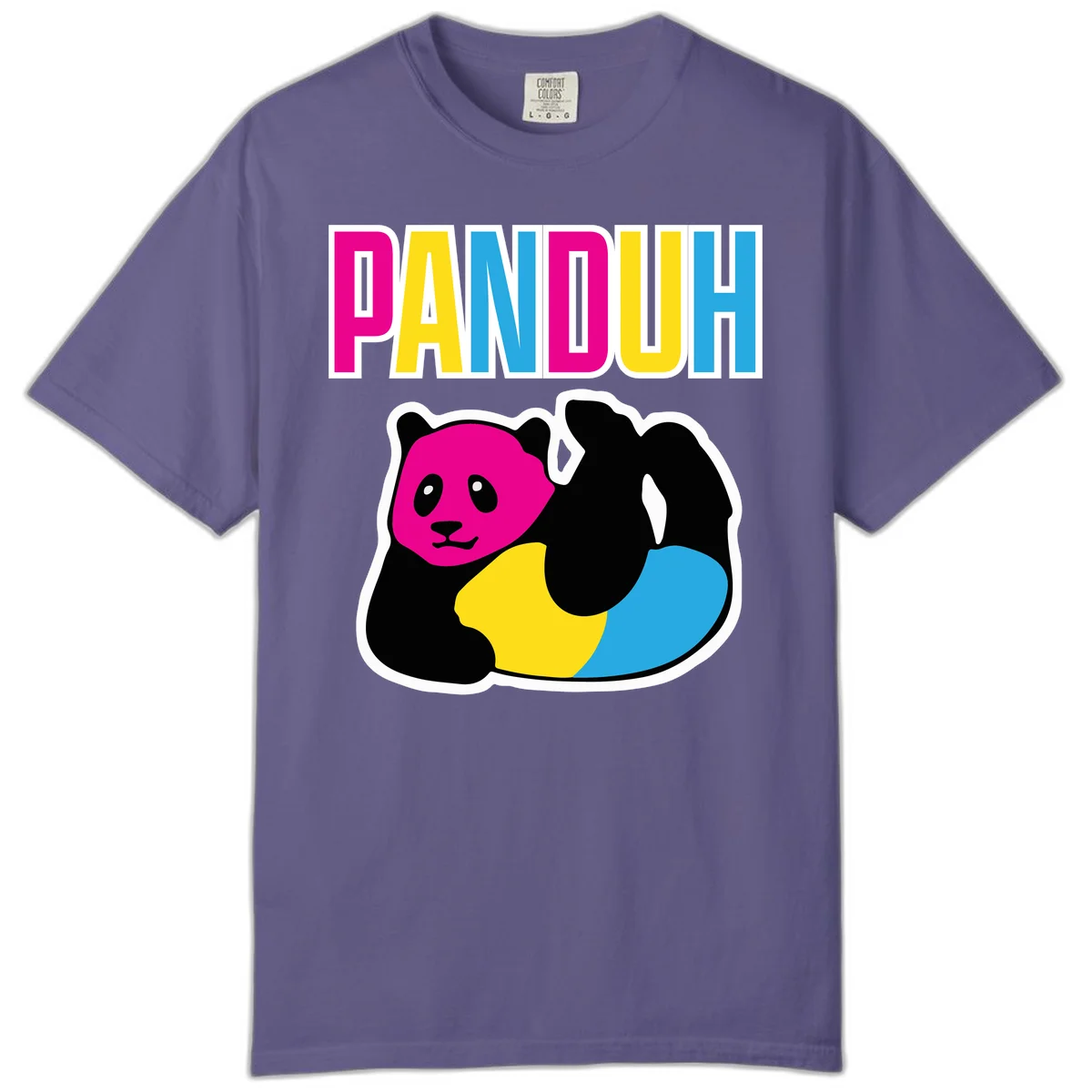 Colorful panda illustration with magenta face and black body, yellow and cyan sections, bold PANDOUH text above in CMYK colors in Grape