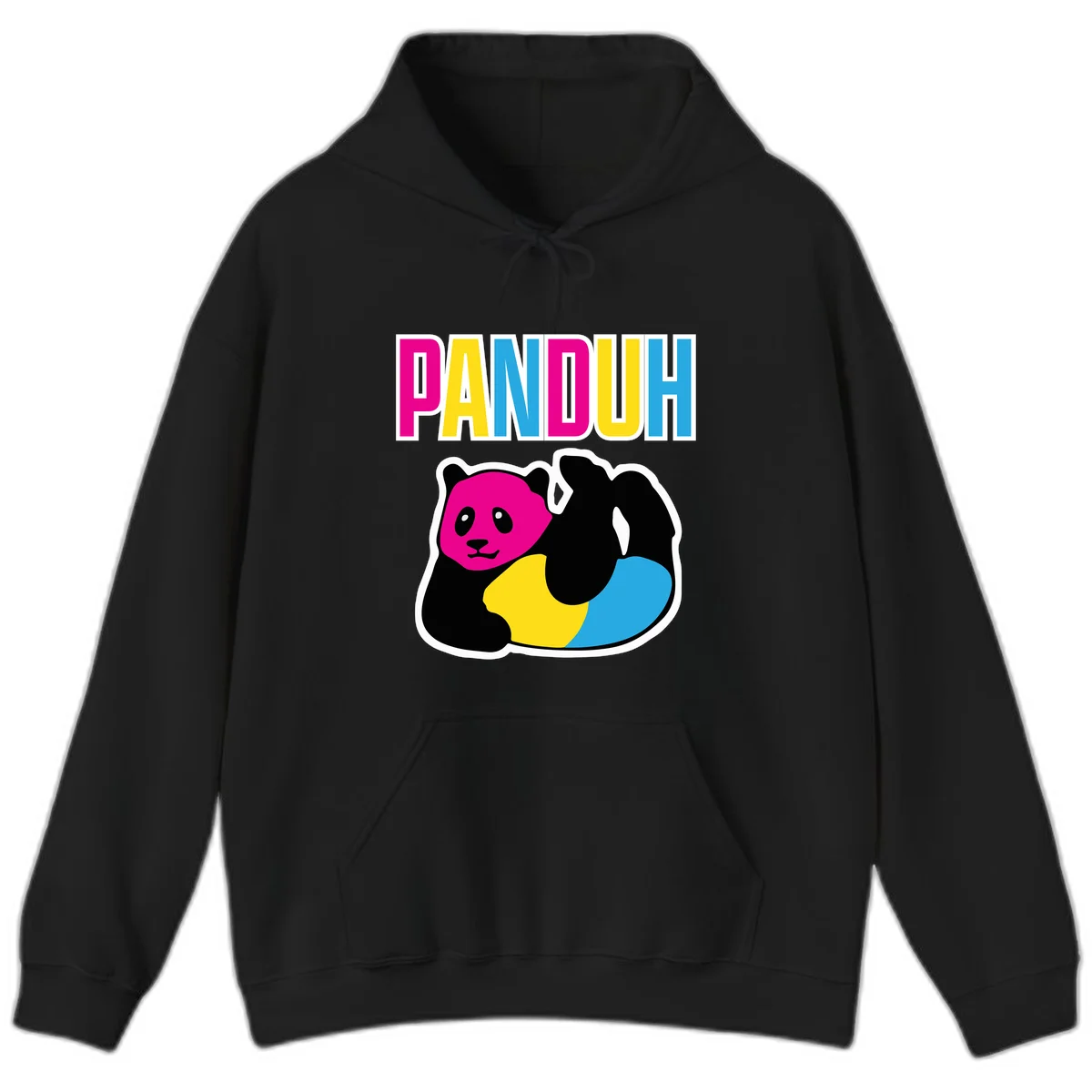 Colorful panda illustration with magenta face and black body, yellow and cyan sections, bold PANDOUH text above in CMYK colors in Black