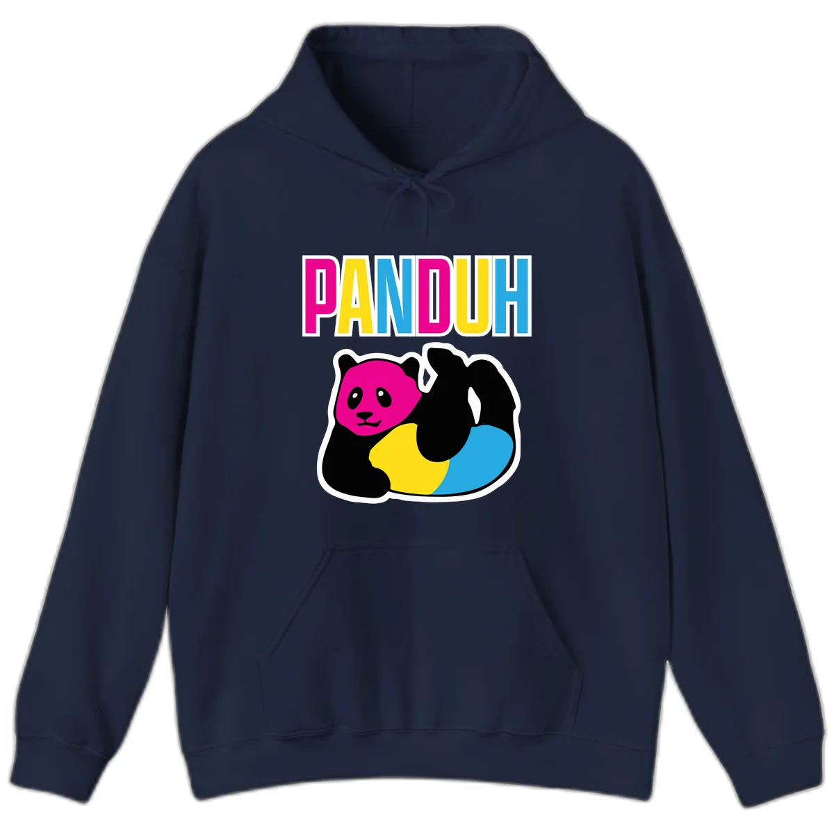 Colorful panda illustration with magenta face and black body, yellow and cyan sections, bold PANDOUH text above in CMYK colors in Navy