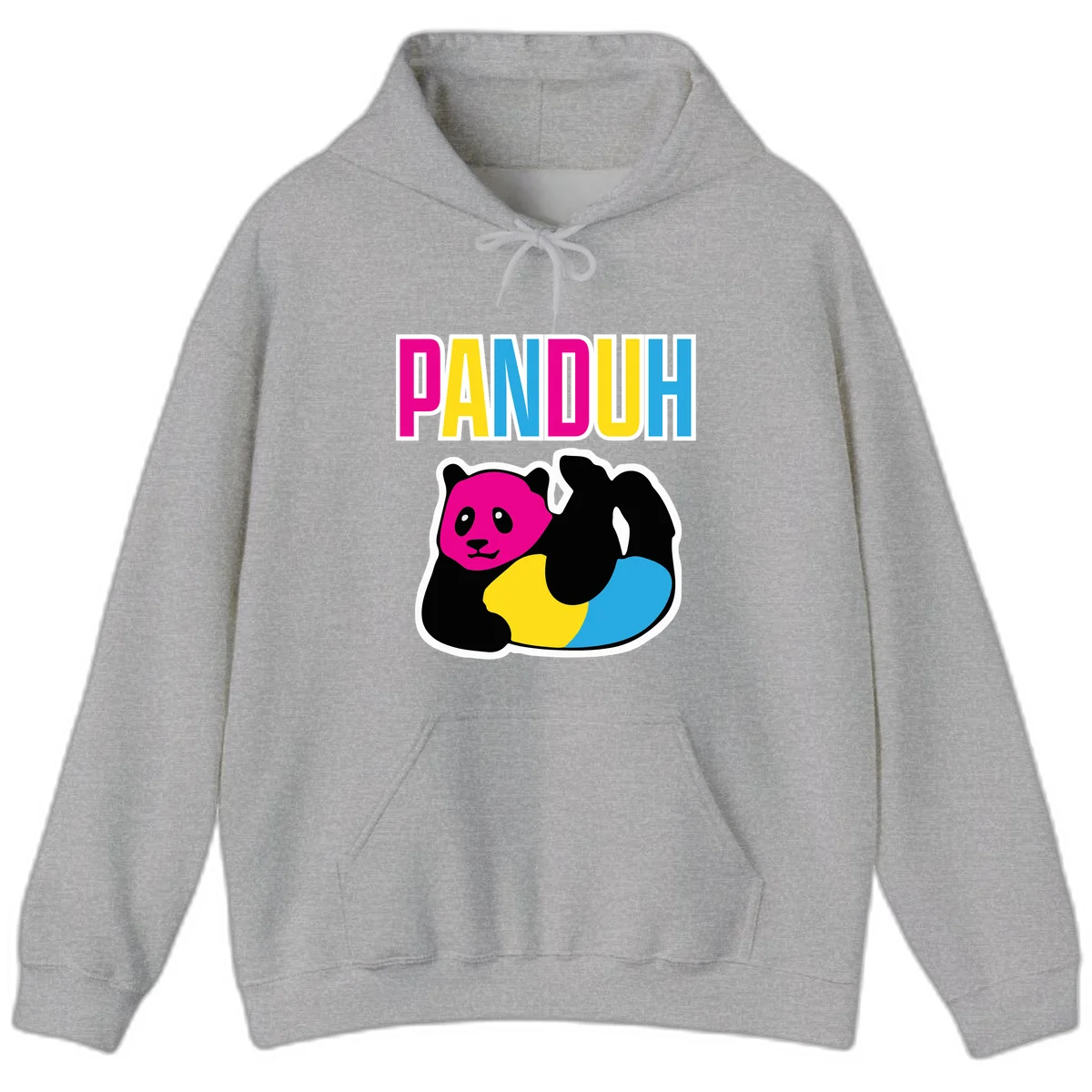 Colorful panda illustration with magenta face and black body, yellow and cyan sections, bold PANDOUH text above in CMYK colors in Sport Grey
