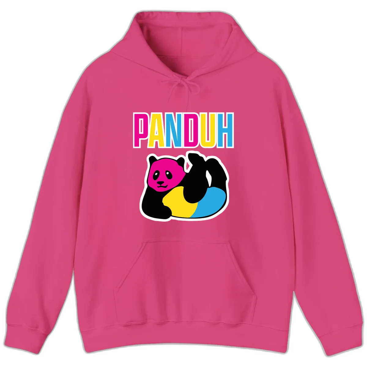Colorful panda illustration with magenta face and black body, yellow and cyan sections, bold PANDOUH text above in CMYK colors in Heliconia