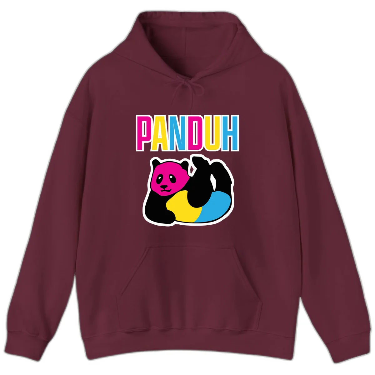 Colorful panda illustration with magenta face and black body, yellow and cyan sections, bold PANDOUH text above in CMYK colors in Maroon