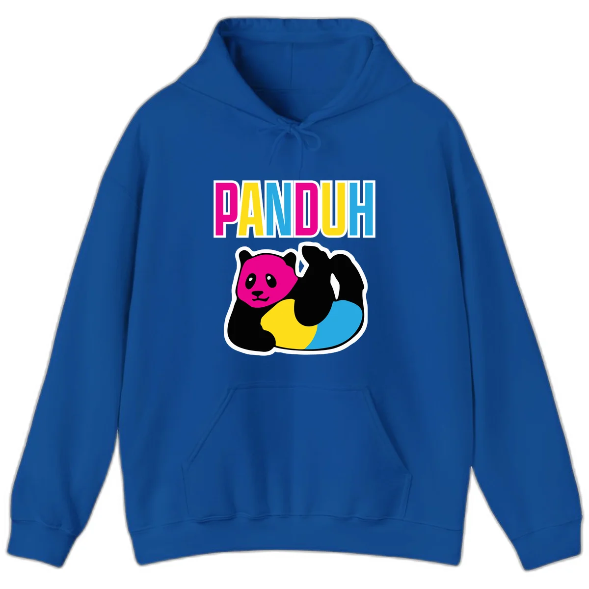 Colorful panda illustration with magenta face and black body, yellow and cyan sections, bold PANDOUH text above in CMYK colors in Royal