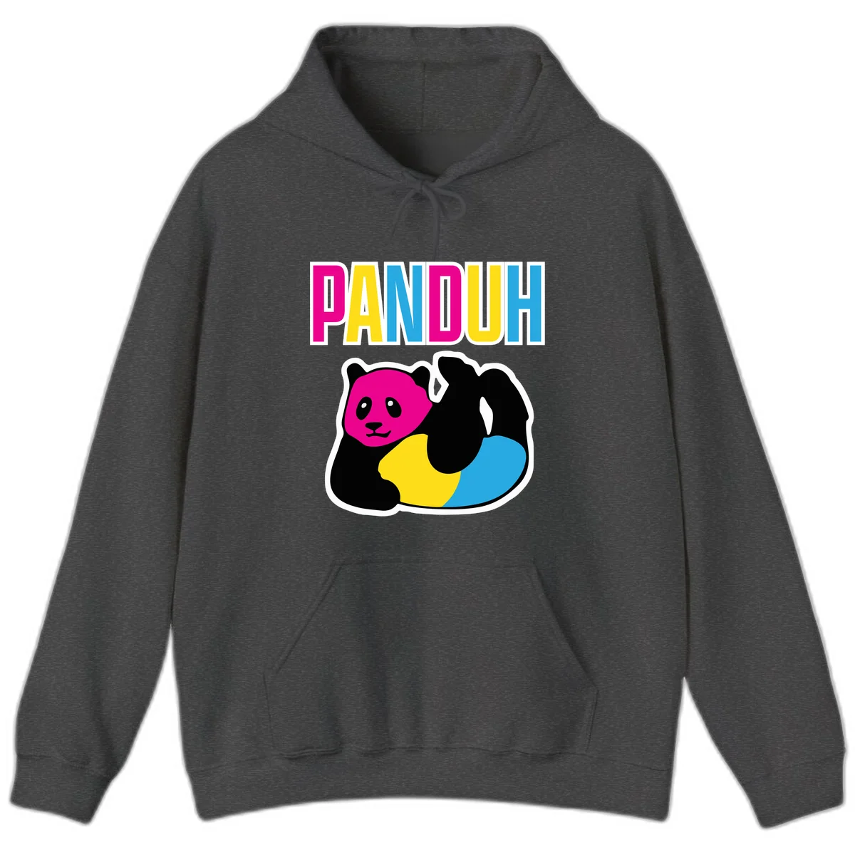 Colorful panda illustration with magenta face and black body, yellow and cyan sections, bold PANDOUH text above in CMYK colors in Dark Heather