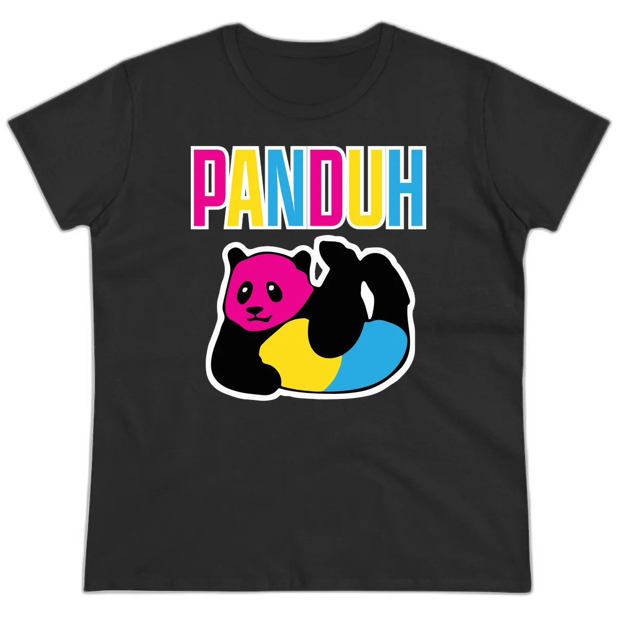 Colorful panda illustration with magenta face and black body, yellow and cyan sections, bold PANDOUH text above in CMYK colors in Black