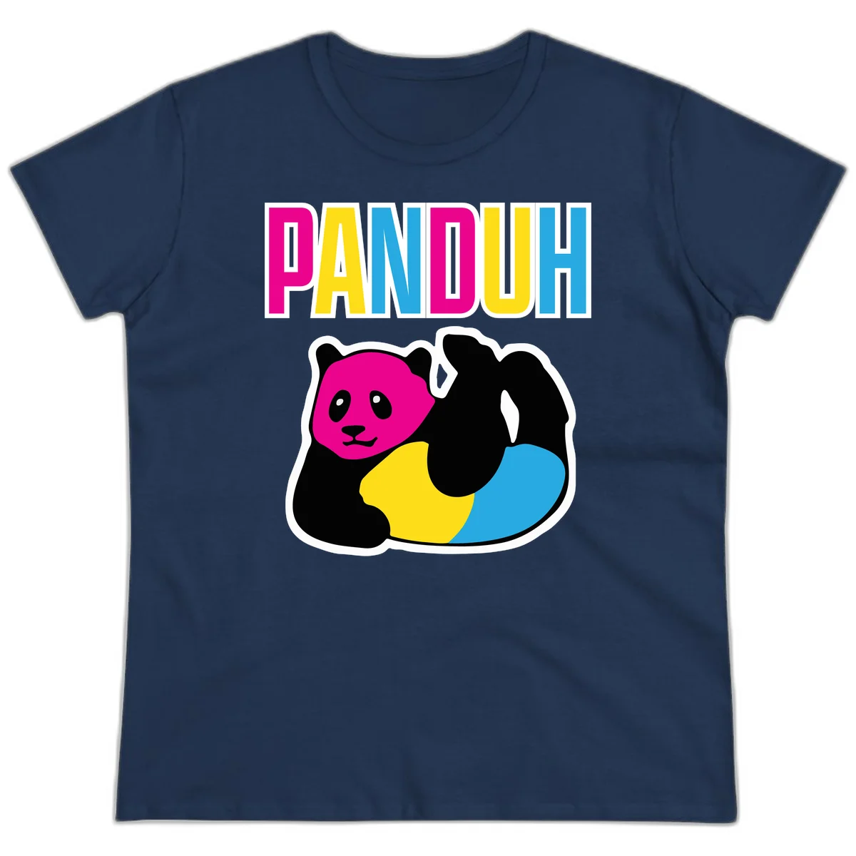 Colorful panda illustration with magenta face and black body, yellow and cyan sections, bold PANDOUH text above in CMYK colors in Navy