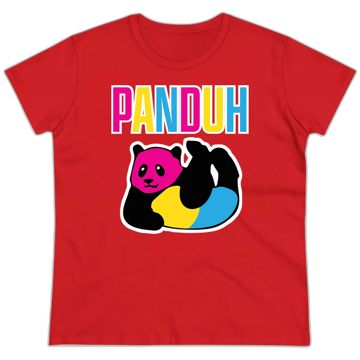 Colorful panda illustration with magenta face and black body, yellow and cyan sections, bold PANDOUH text above in CMYK colors in Red