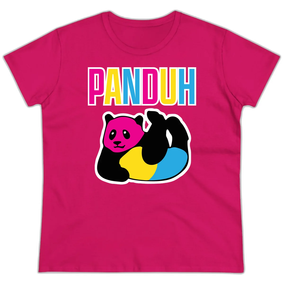 Colorful panda illustration with magenta face and black body, yellow and cyan sections, bold PANDOUH text above in CMYK colors in Heliconia