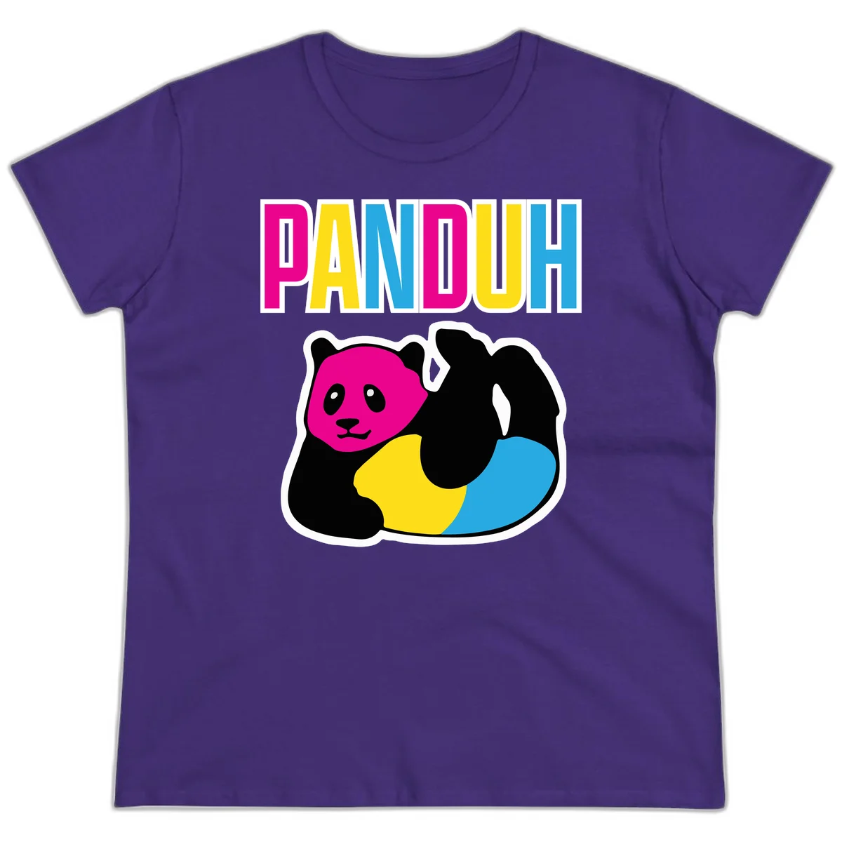 Colorful panda illustration with magenta face and black body, yellow and cyan sections, bold PANDOUH text above in CMYK colors in Purple