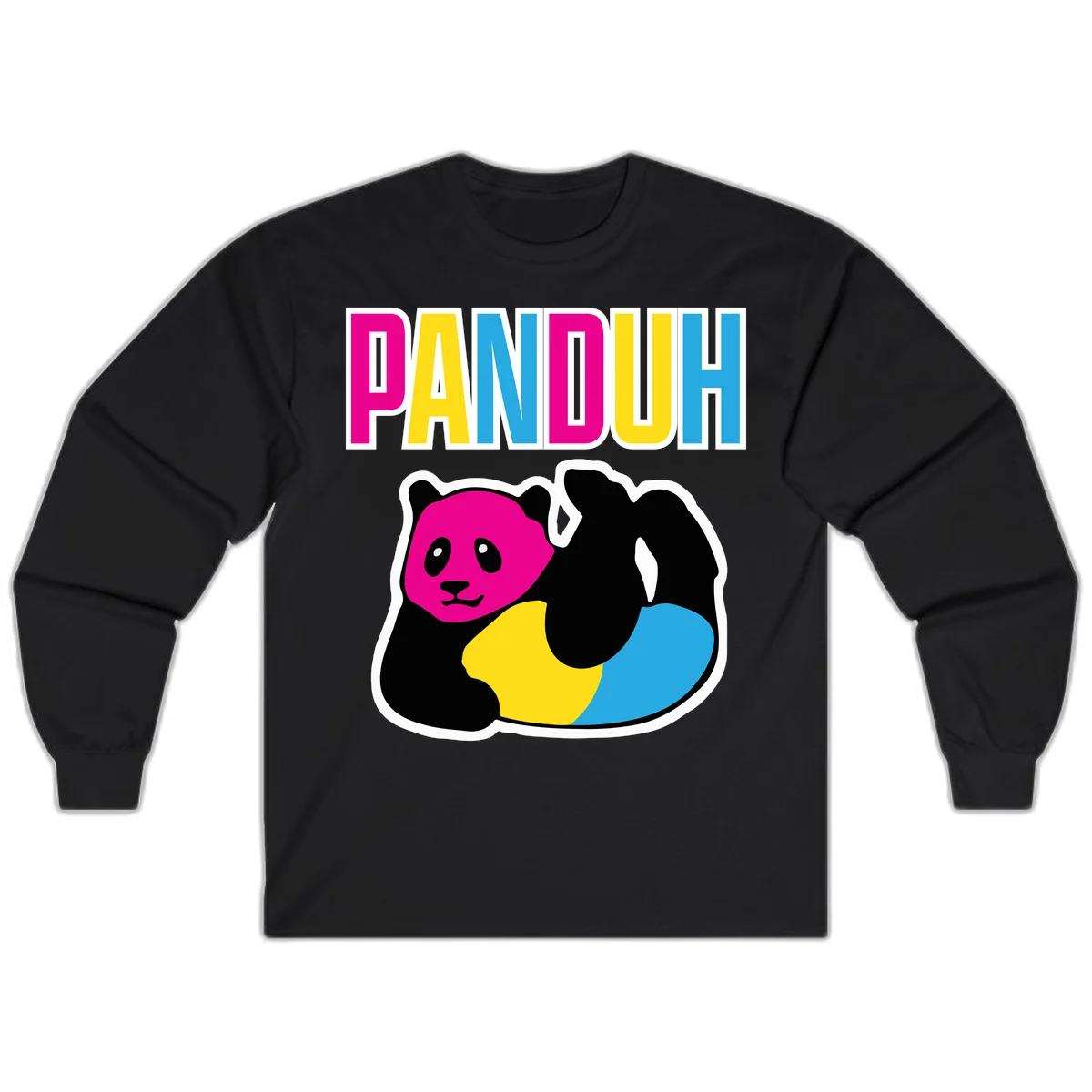 Colorful panda illustration with magenta face and black body, yellow and cyan sections, bold PANDOUH text above in CMYK colors in Black