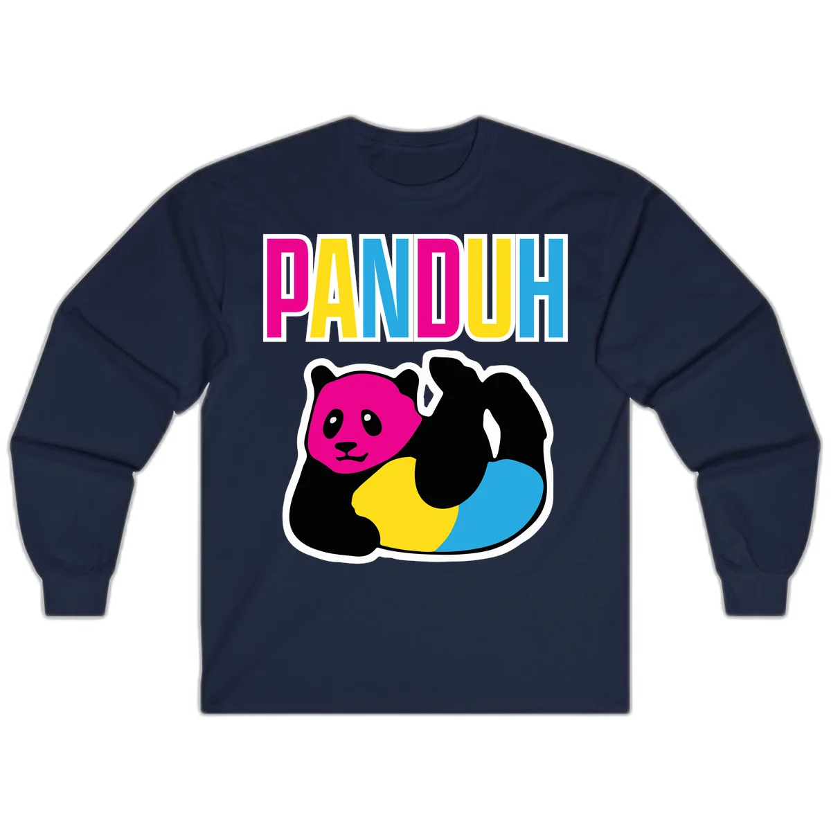 Colorful panda illustration with magenta face and black body, yellow and cyan sections, bold PANDOUH text above in CMYK colors in Navy