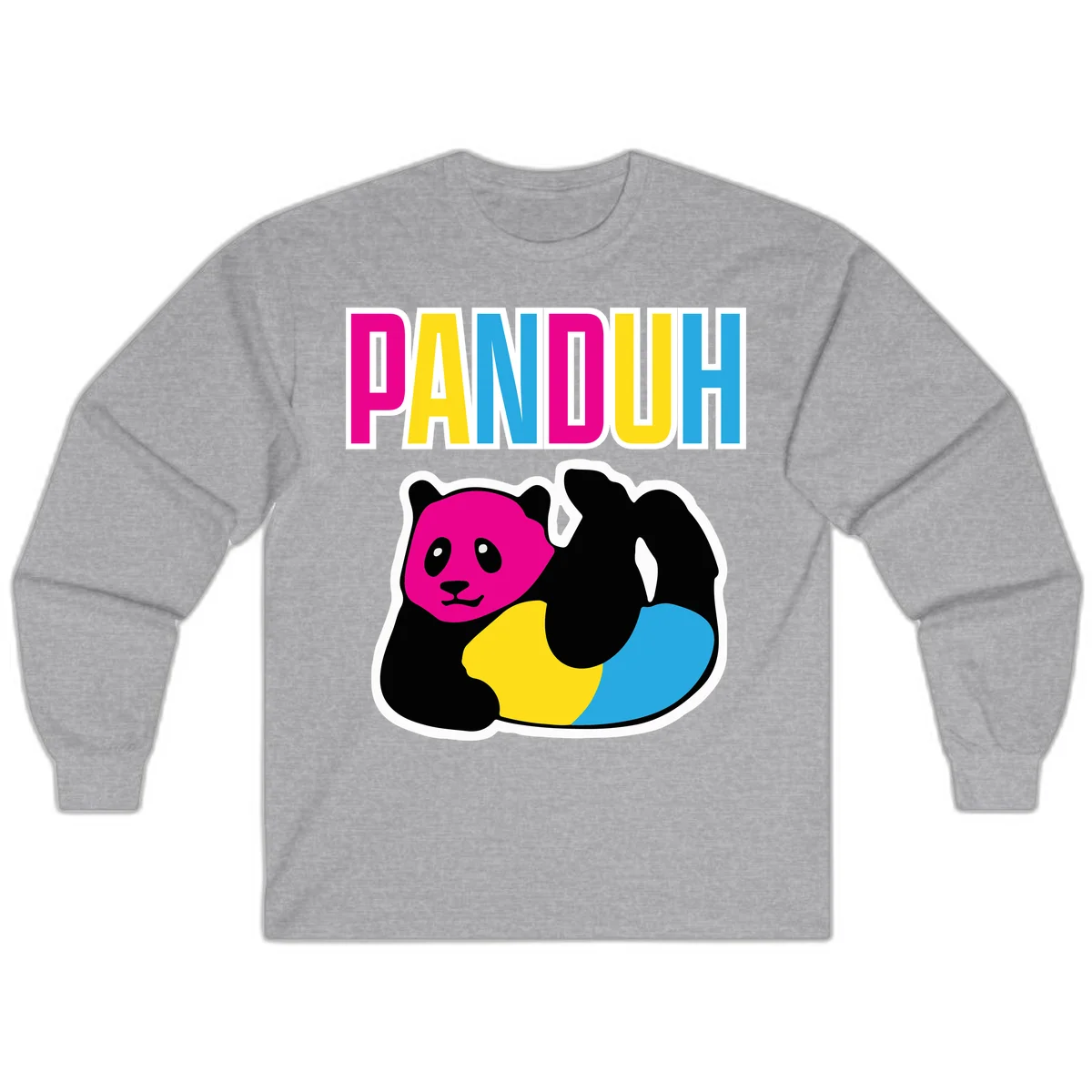 Colorful panda illustration with magenta face and black body, yellow and cyan sections, bold PANDOUH text above in CMYK colors in Sport Grey