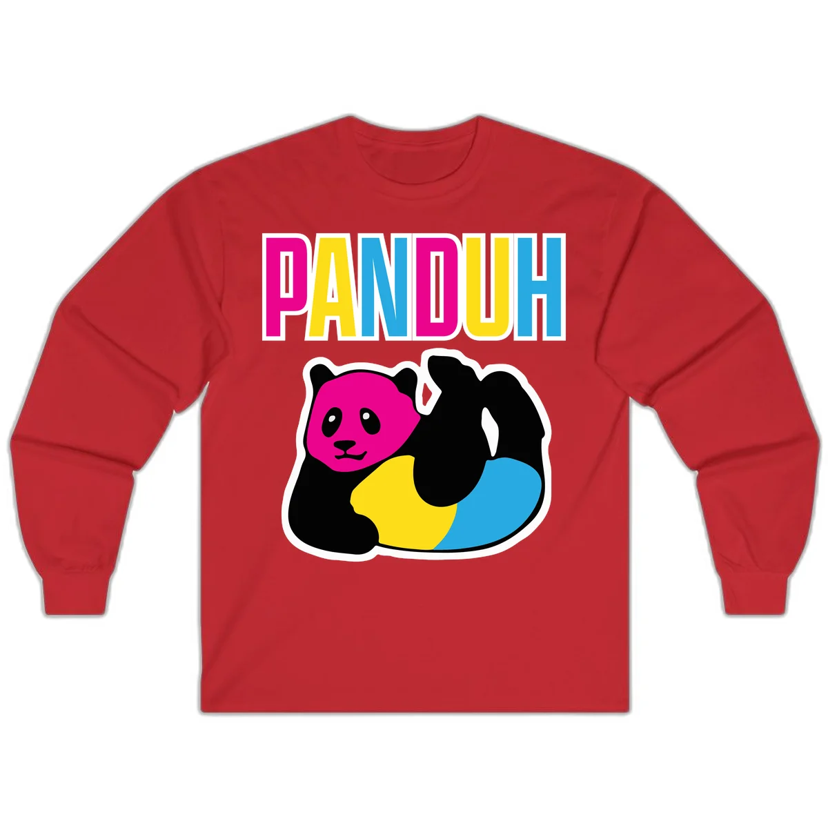 Colorful panda illustration with magenta face and black body, yellow and cyan sections, bold PANDOUH text above in CMYK colors in Red
