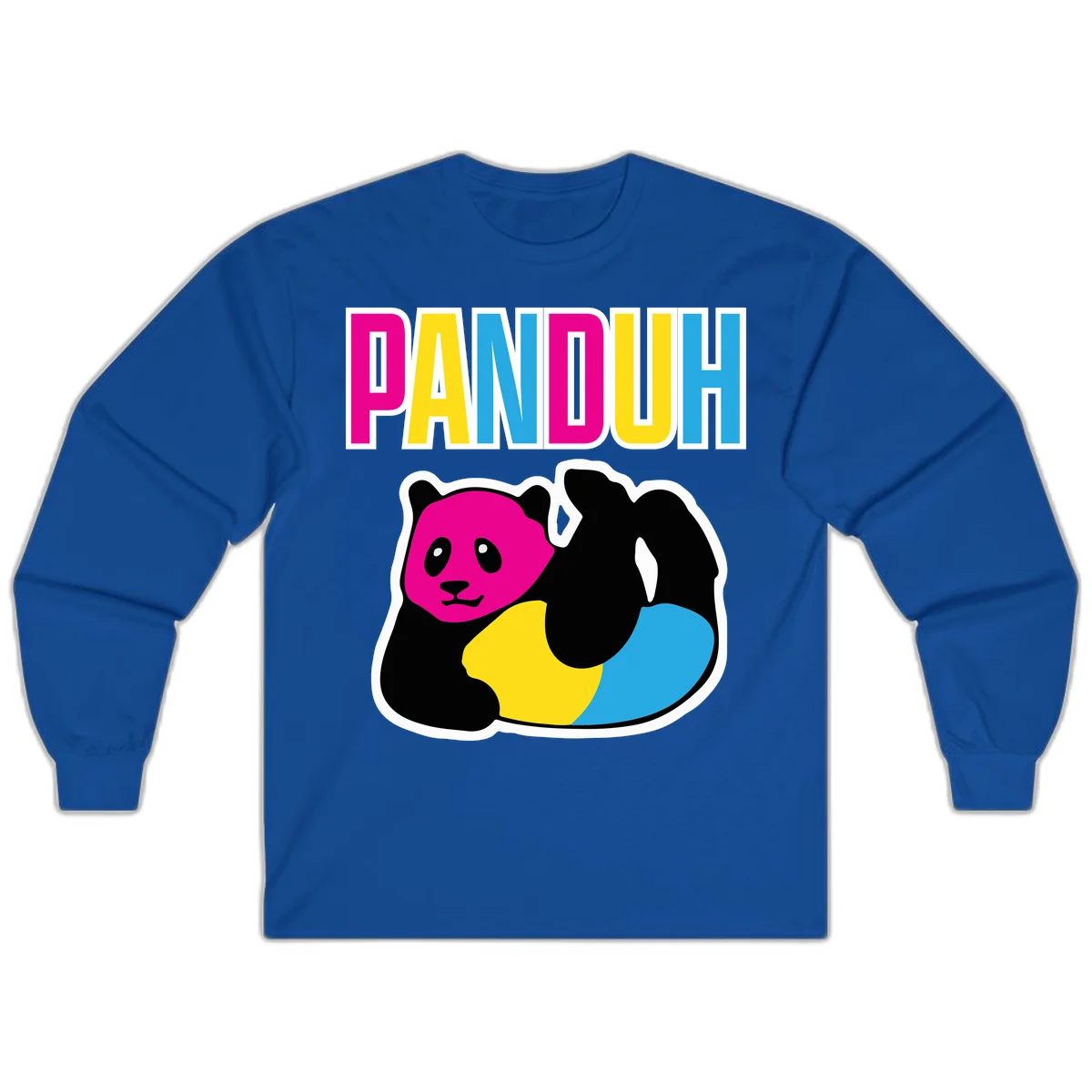 Colorful panda illustration with magenta face and black body, yellow and cyan sections, bold PANDOUH text above in CMYK colors in Royal