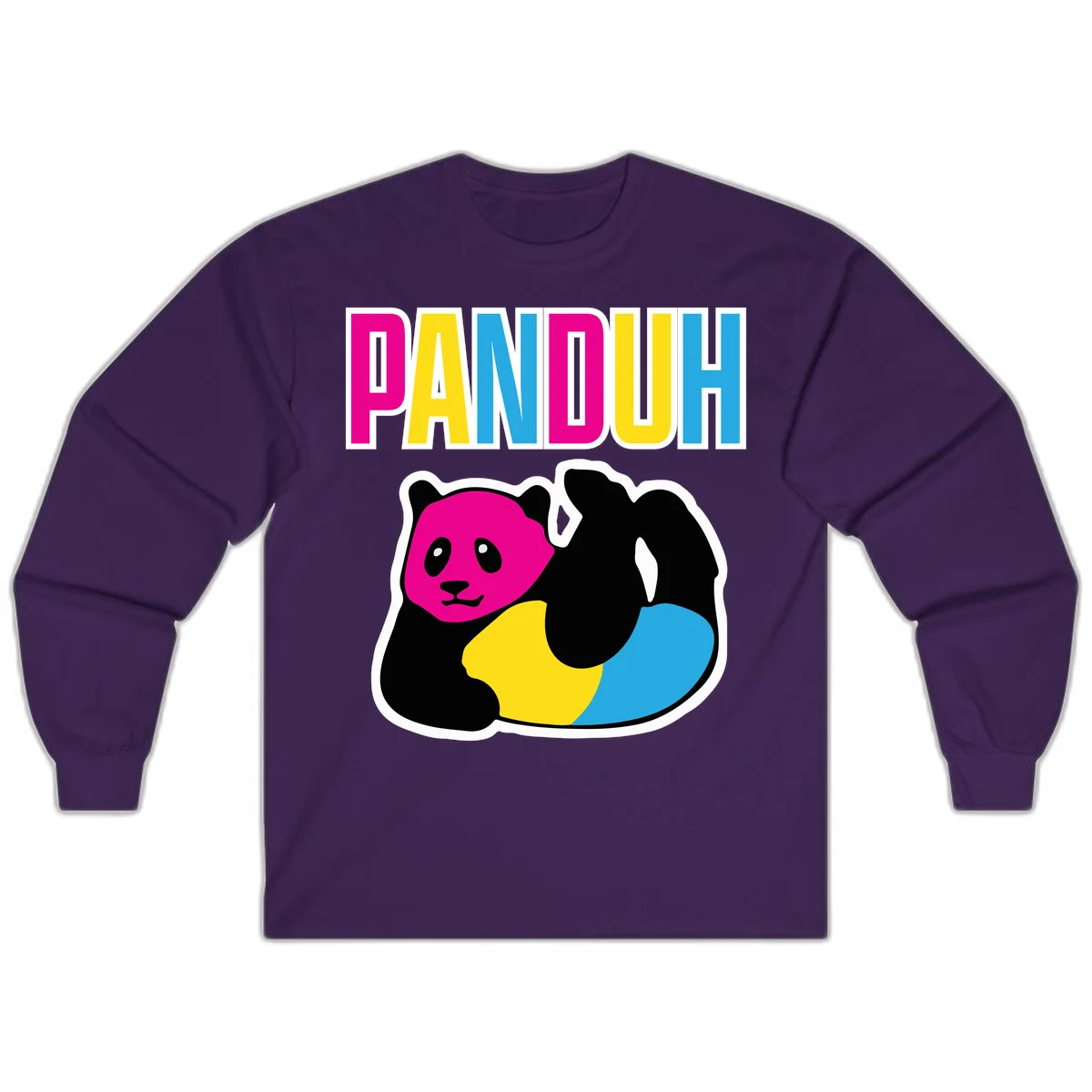 Colorful panda illustration with magenta face and black body, yellow and cyan sections, bold PANDOUH text above in CMYK colors in Purple