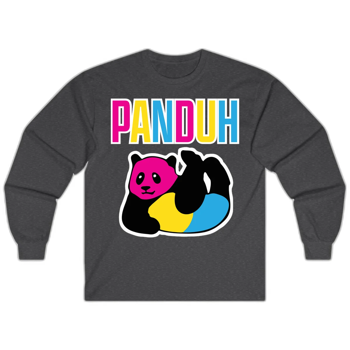 Colorful panda illustration with magenta face and black body, yellow and cyan sections, bold PANDOUH text above in CMYK colors in Dark Heather