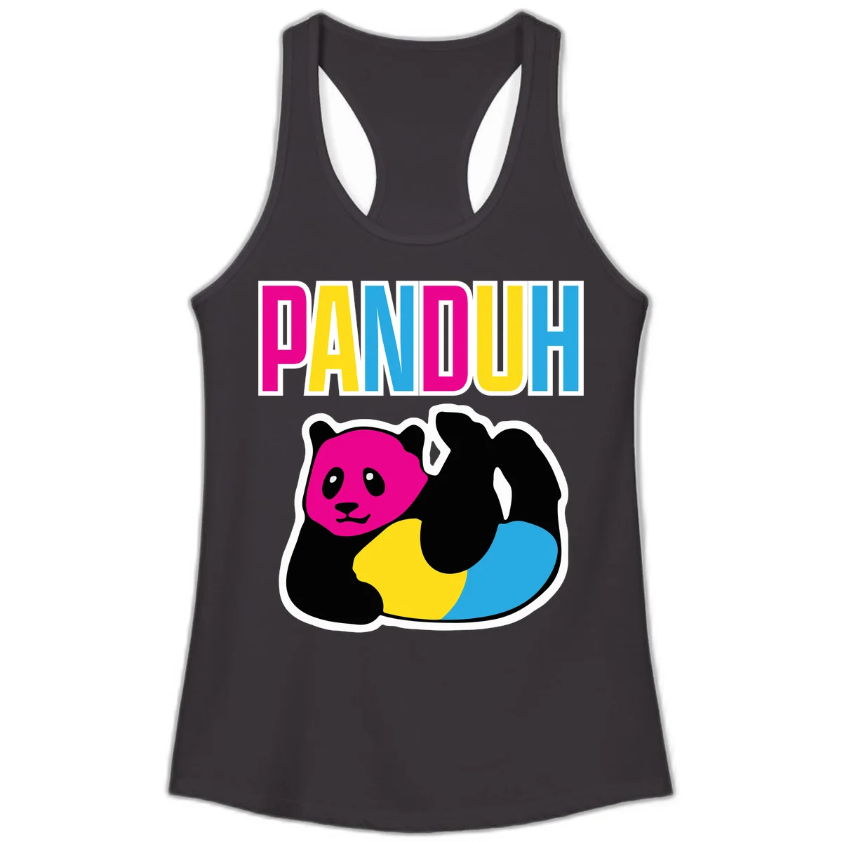Colorful panda illustration with magenta face and black body, yellow and cyan sections, bold PANDOUH text above in CMYK colors in Black