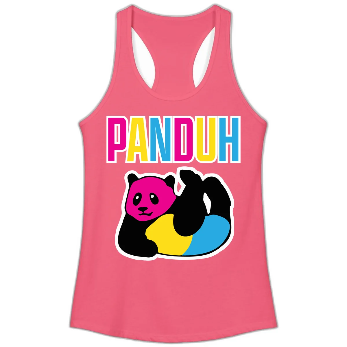 Colorful panda illustration with magenta face and black body, yellow and cyan sections, bold PANDOUH text above in CMYK colors in Hot Pink