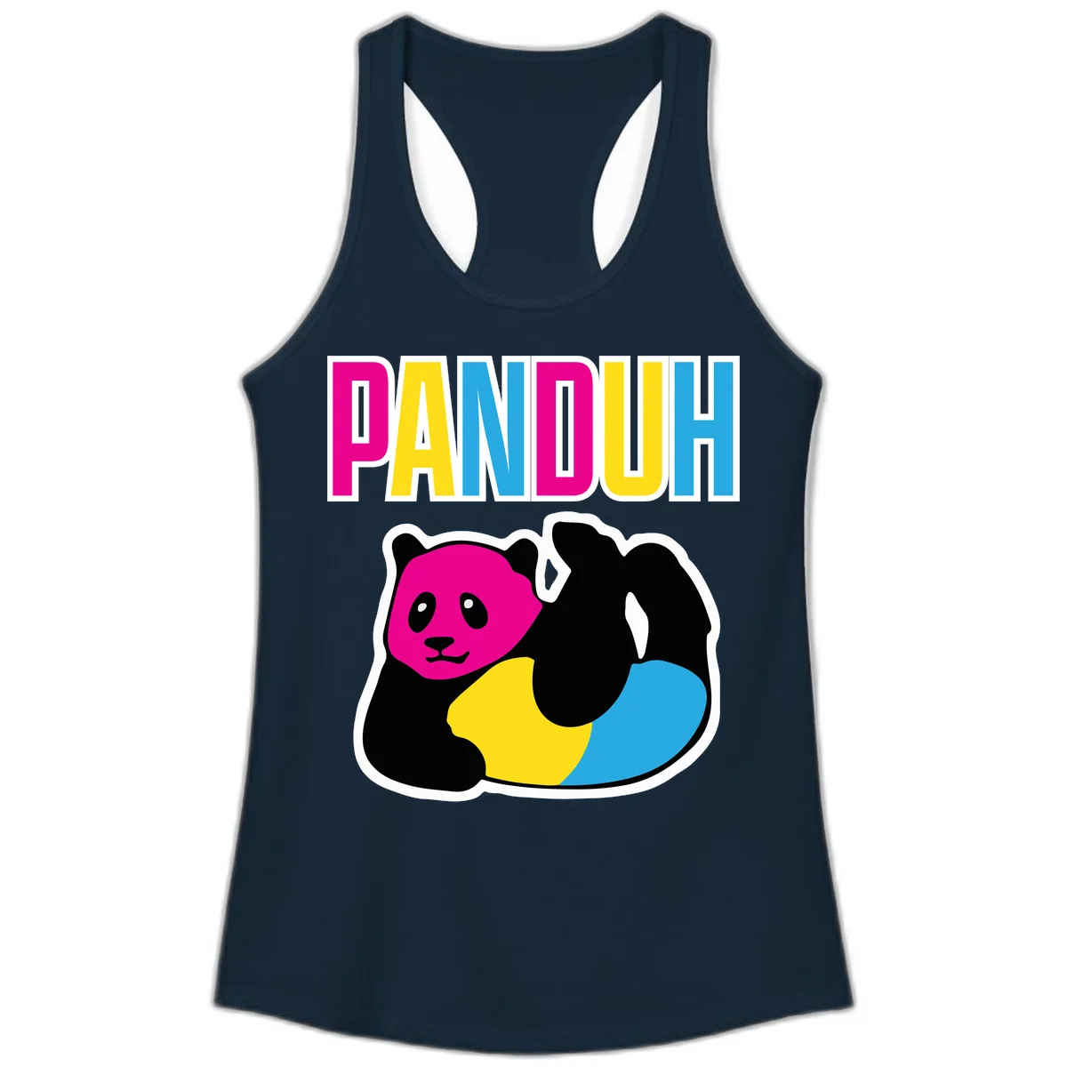 Colorful panda illustration with magenta face and black body, yellow and cyan sections, bold PANDOUH text above in CMYK colors in Solid Midnight Navy