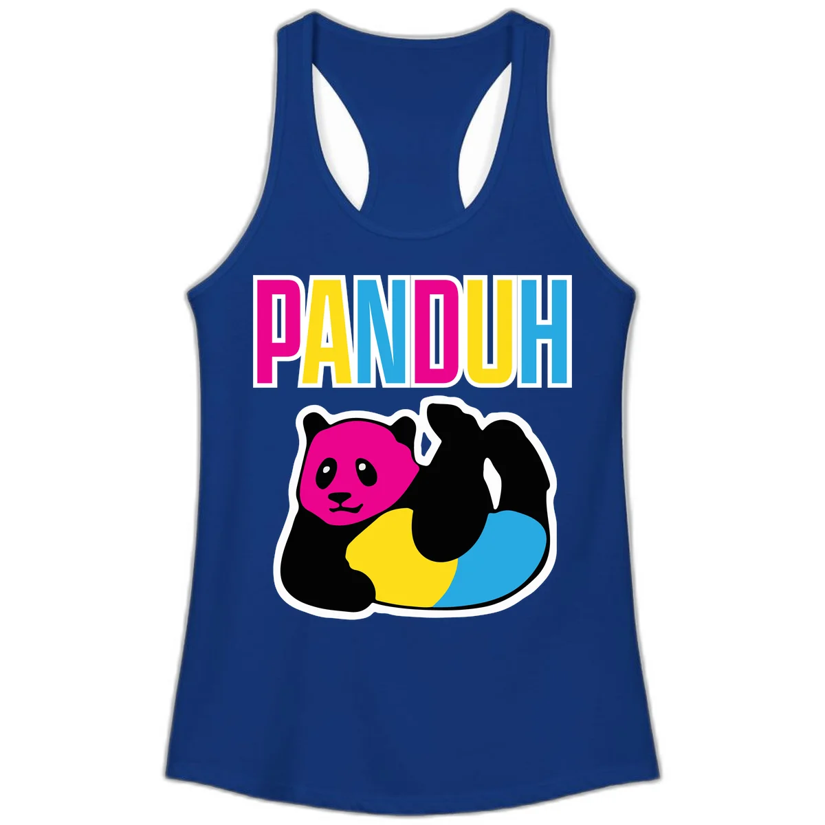 Colorful panda illustration with magenta face and black body, yellow and cyan sections, bold PANDOUH text above in CMYK colors in Solid Royal