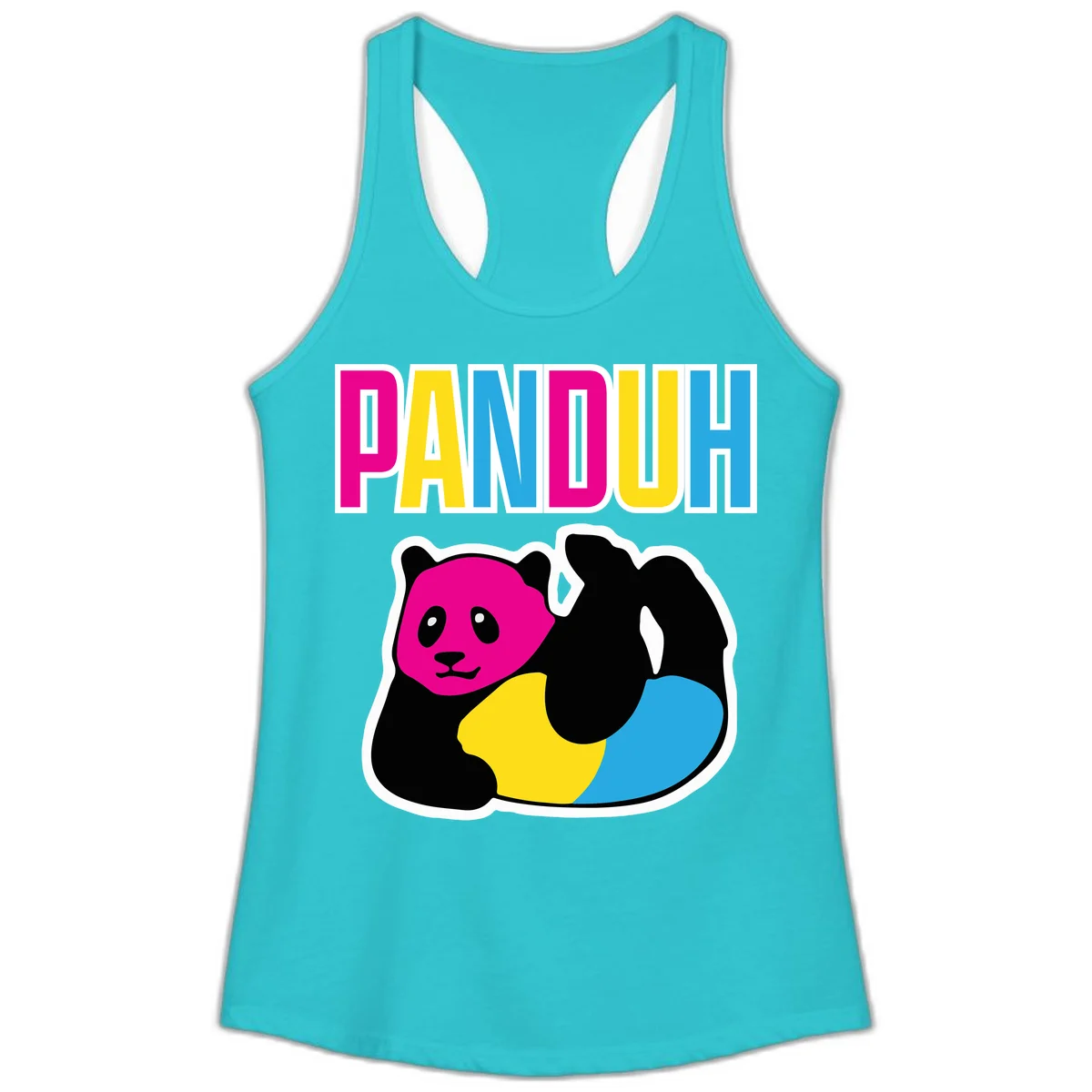 Colorful panda illustration with magenta face and black body, yellow and cyan sections, bold PANDOUH text above in CMYK colors in Solid Tahiti Blue