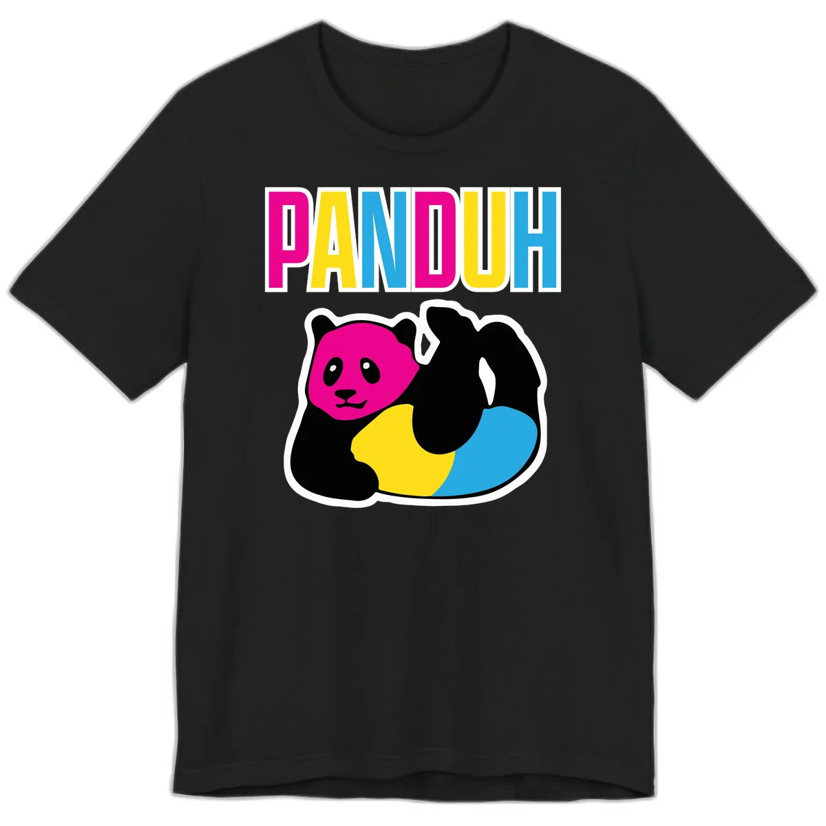 Colorful panda illustration with magenta face and black body, yellow and cyan sections, bold PANDOUH text above in CMYK colors in Black