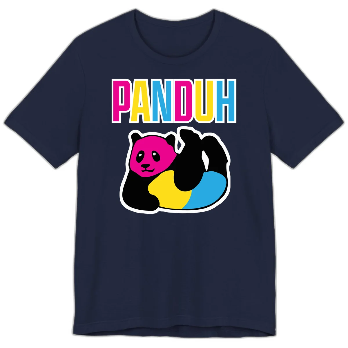 Colorful panda illustration with magenta face and black body, yellow and cyan sections, bold PANDOUH text above in CMYK colors in Navy