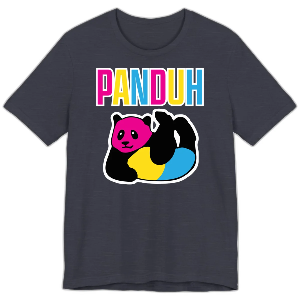 Colorful panda illustration with magenta face and black body, yellow and cyan sections, bold PANDOUH text above in CMYK colors in Heather Midnight Navy