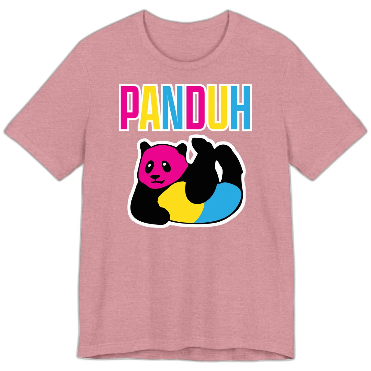 Colorful panda illustration with magenta face and black body, yellow and cyan sections, bold PANDOUH text above in CMYK colors in Heather Orchid