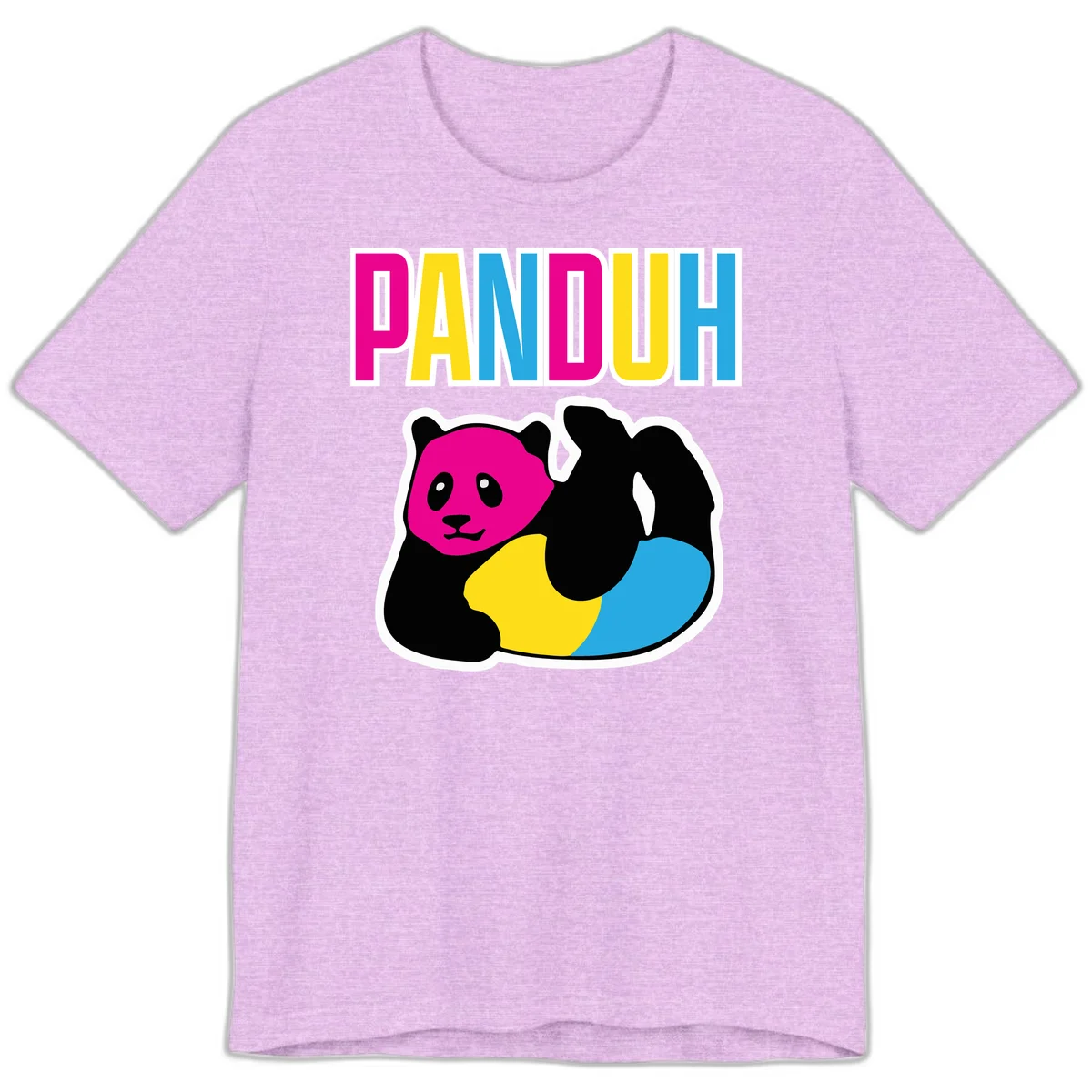 Colorful panda illustration with magenta face and black body, yellow and cyan sections, bold PANDOUH text above in CMYK colors in Heather Prism Lilac