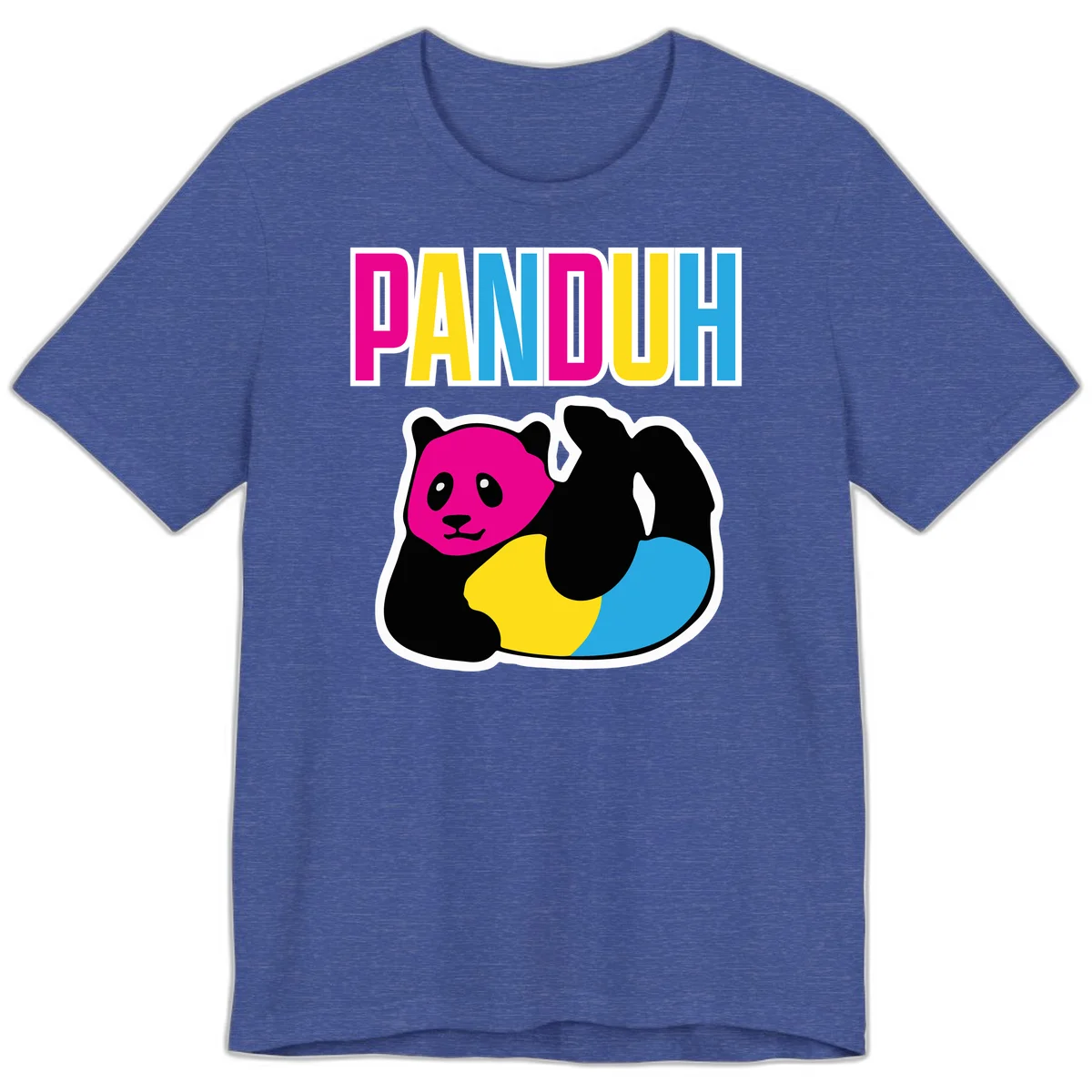 Colorful panda illustration with magenta face and black body, yellow and cyan sections, bold PANDOUH text above in CMYK colors in Heather True Royal