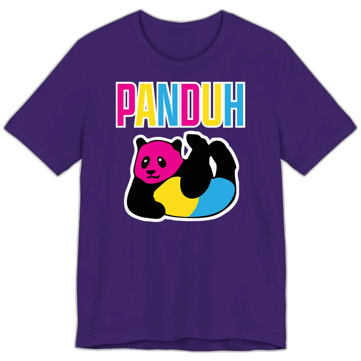 Colorful panda illustration with magenta face and black body, yellow and cyan sections, bold PANDOUH text above in CMYK colors in Team Purple