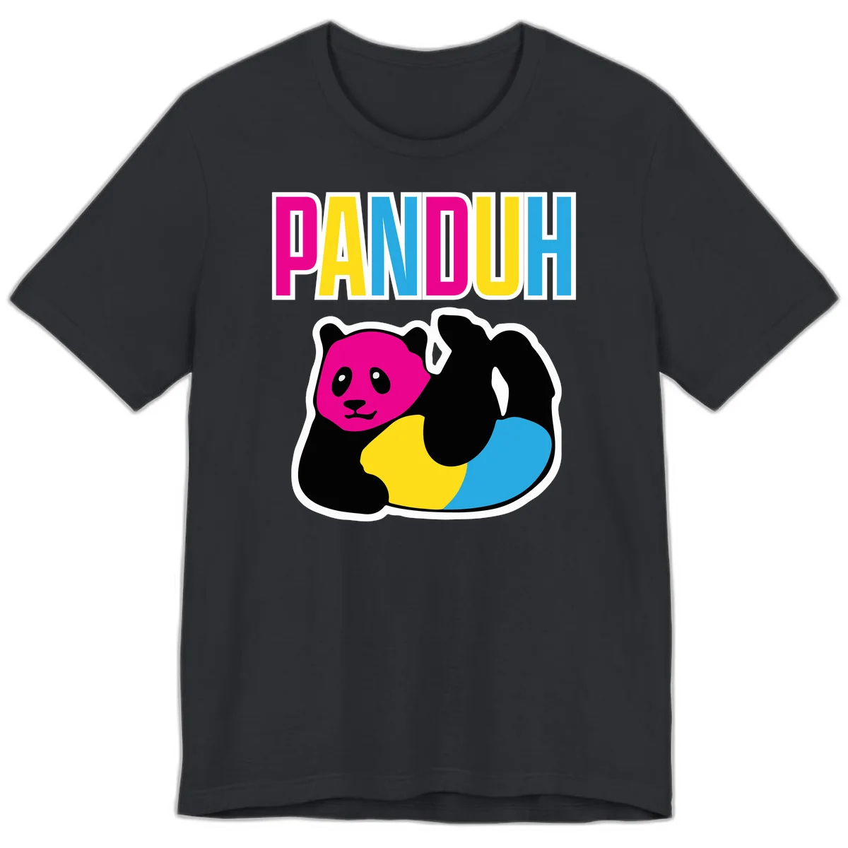 Colorful panda illustration with magenta face and black body, yellow and cyan sections, bold PANDOUH text above in CMYK colors in Vintage Black