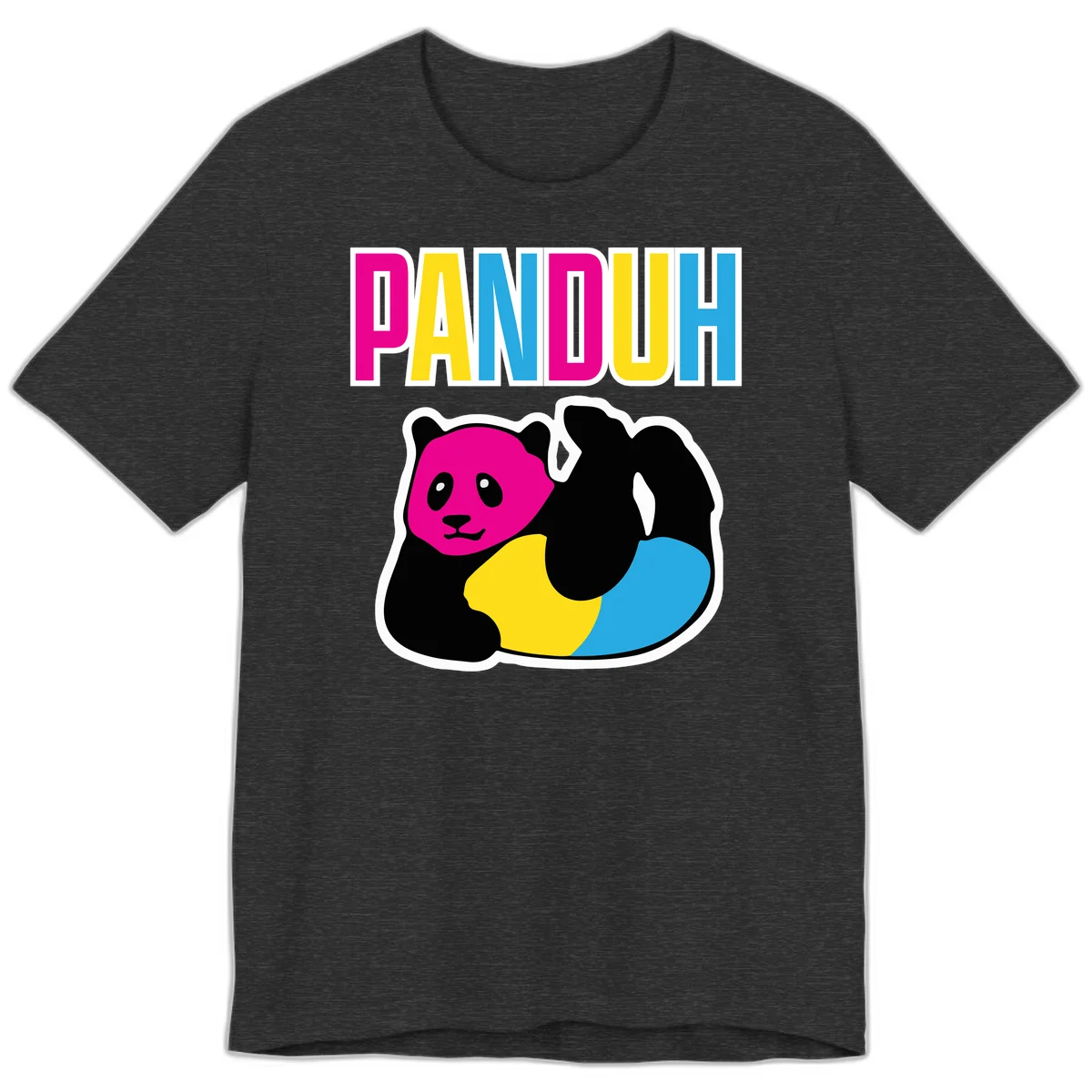 Colorful panda illustration with magenta face and black body, yellow and cyan sections, bold PANDOUH text above in CMYK colors in Dark Grey Heather