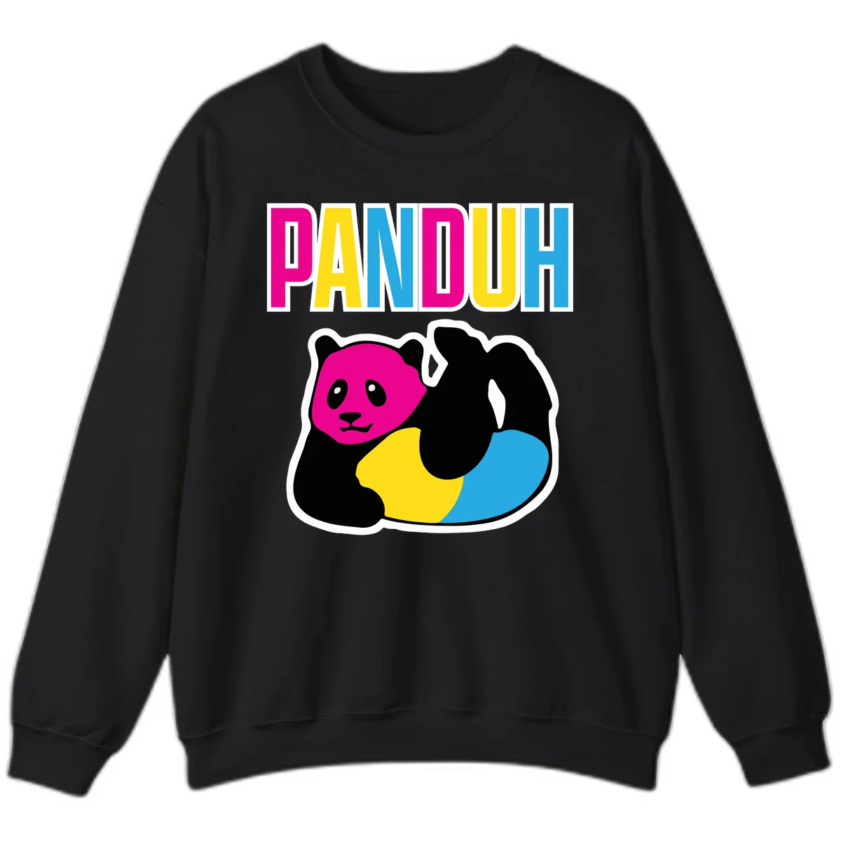 Colorful panda illustration with magenta face and black body, yellow and cyan sections, bold PANDOUH text above in CMYK colors in Black
