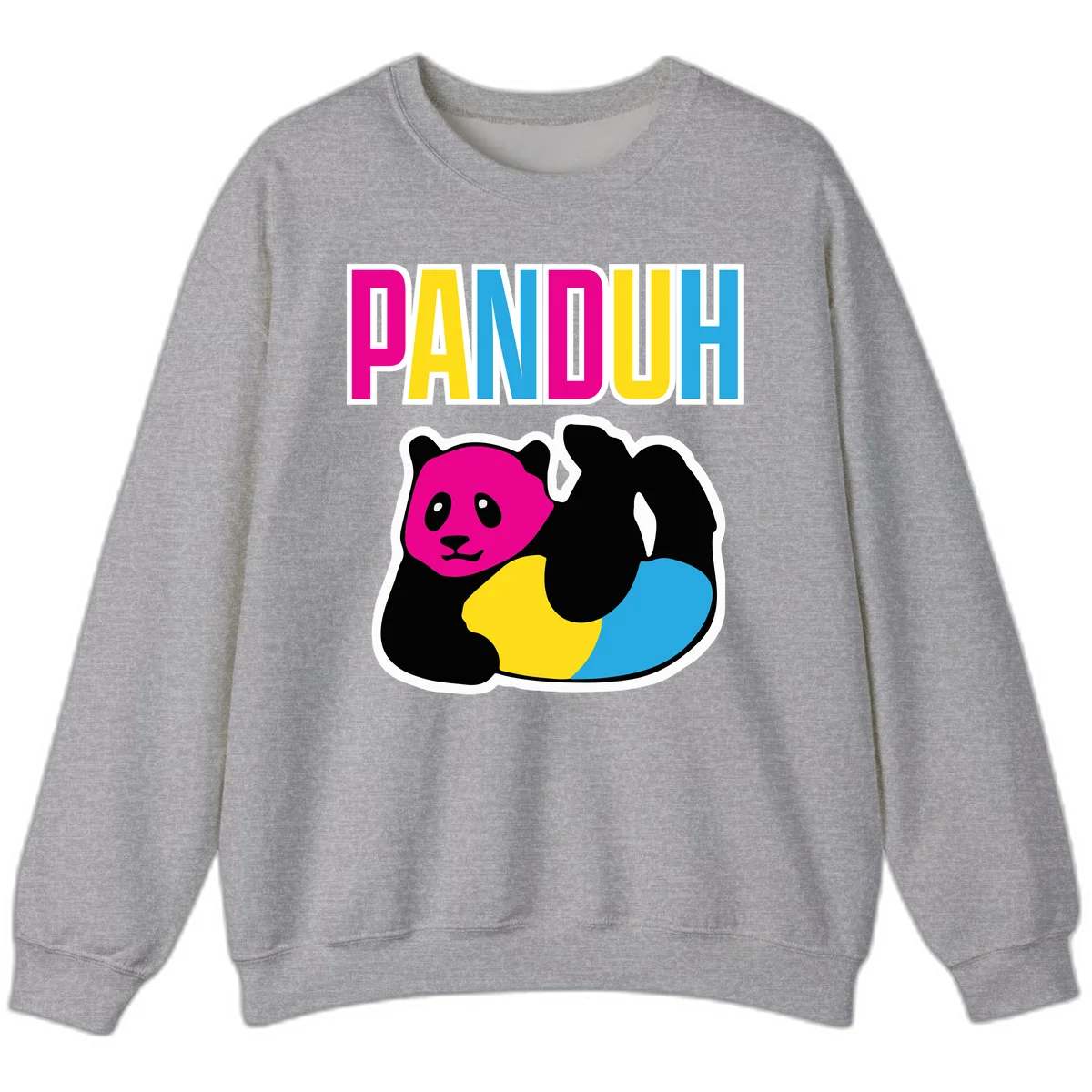Colorful panda illustration with magenta face and black body, yellow and cyan sections, bold PANDOUH text above in CMYK colors in Sport Grey