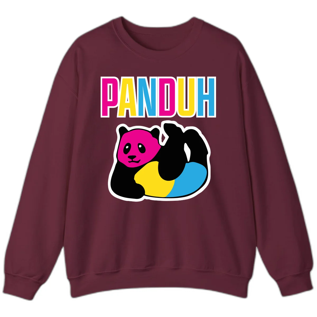 Colorful panda illustration with magenta face and black body, yellow and cyan sections, bold PANDOUH text above in CMYK colors in Maroon