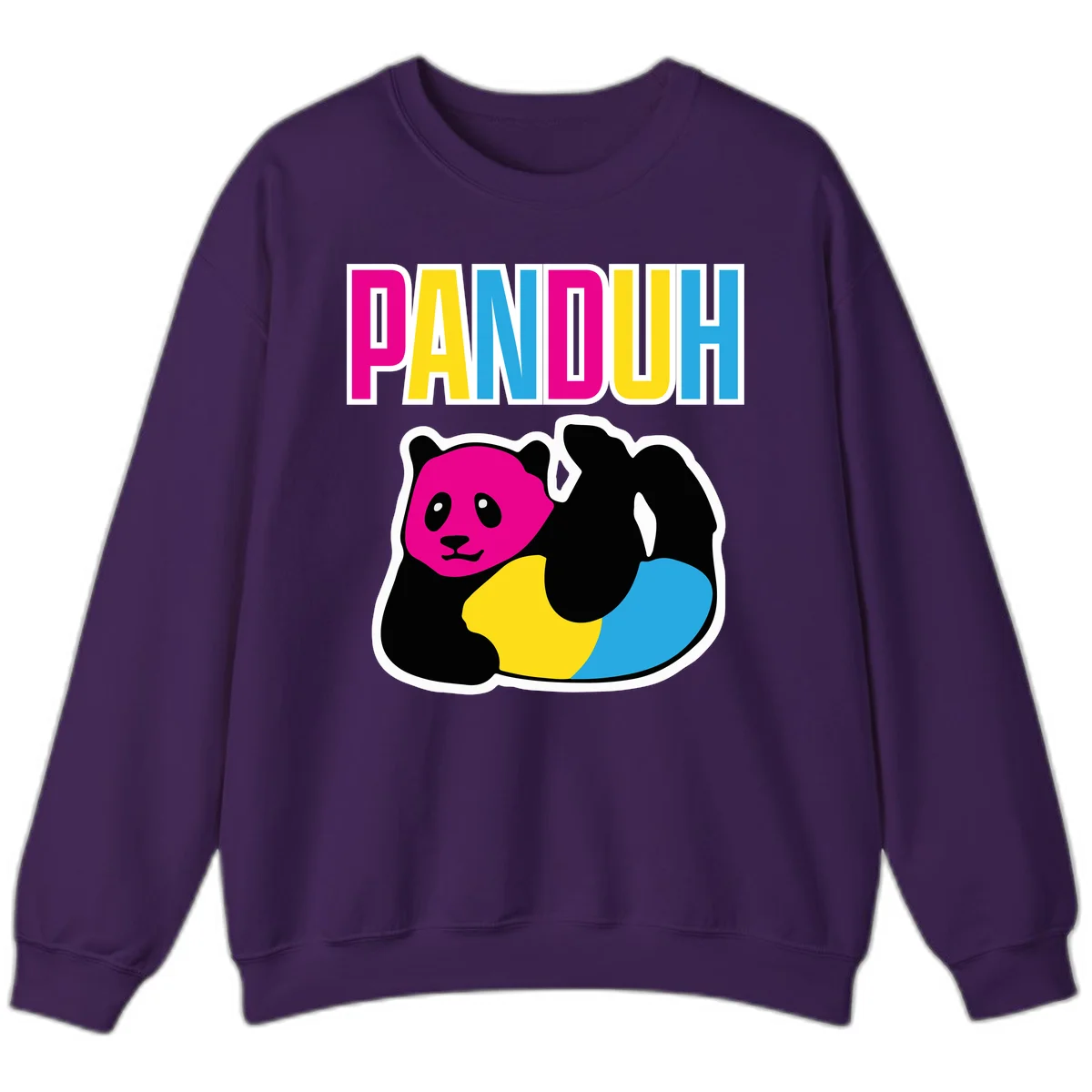 Colorful panda illustration with magenta face and black body, yellow and cyan sections, bold PANDOUH text above in CMYK colors in Purple
