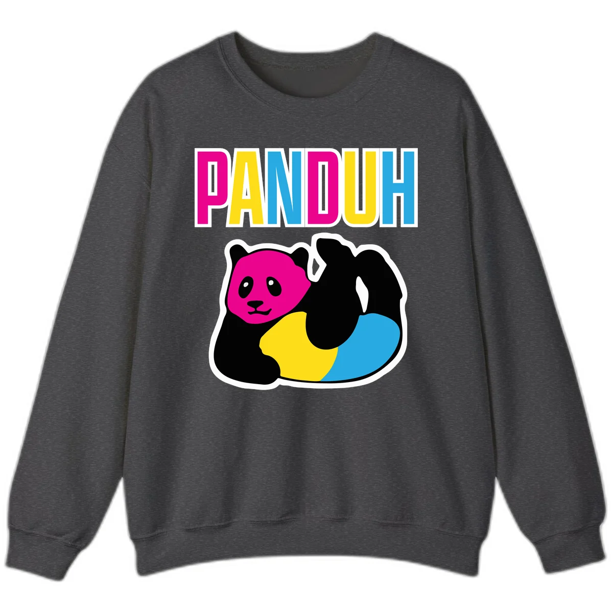 Colorful panda illustration with magenta face and black body, yellow and cyan sections, bold PANDOUH text above in CMYK colors in Dark Heather