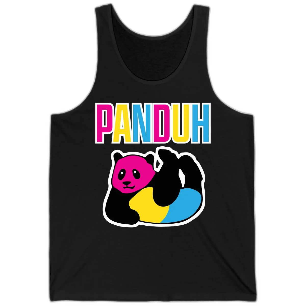 Colorful panda illustration with magenta face and black body, yellow and cyan sections, bold PANDOUH text above in CMYK colors in Black