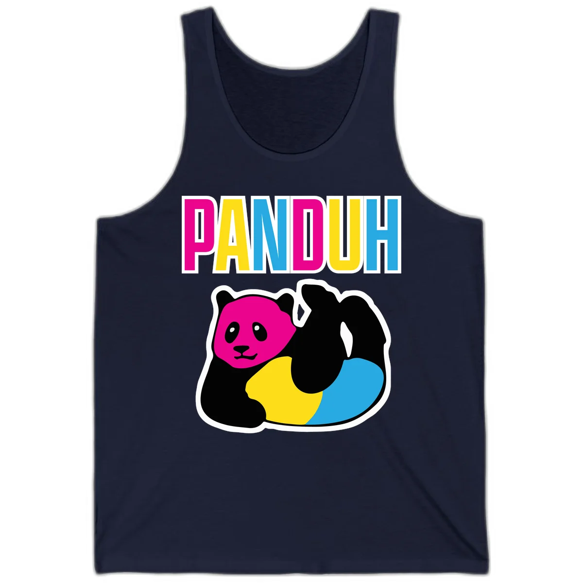 Colorful panda illustration with magenta face and black body, yellow and cyan sections, bold PANDOUH text above in CMYK colors in Navy