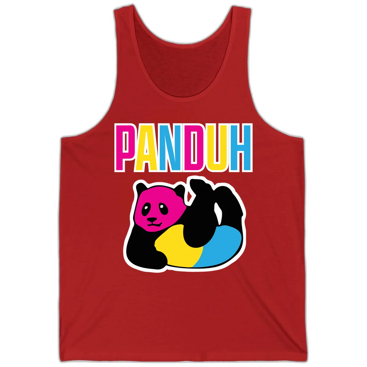 Colorful panda illustration with magenta face and black body, yellow and cyan sections, bold PANDOUH text above in CMYK colors in Red