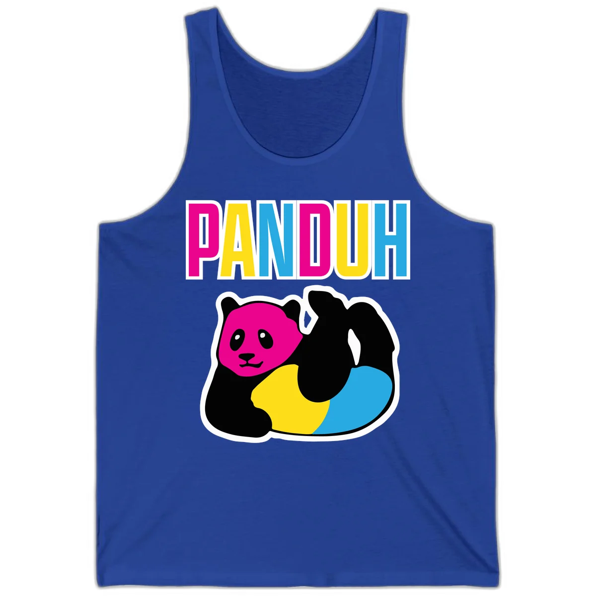 Colorful panda illustration with magenta face and black body, yellow and cyan sections, bold PANDOUH text above in CMYK colors in True Royal