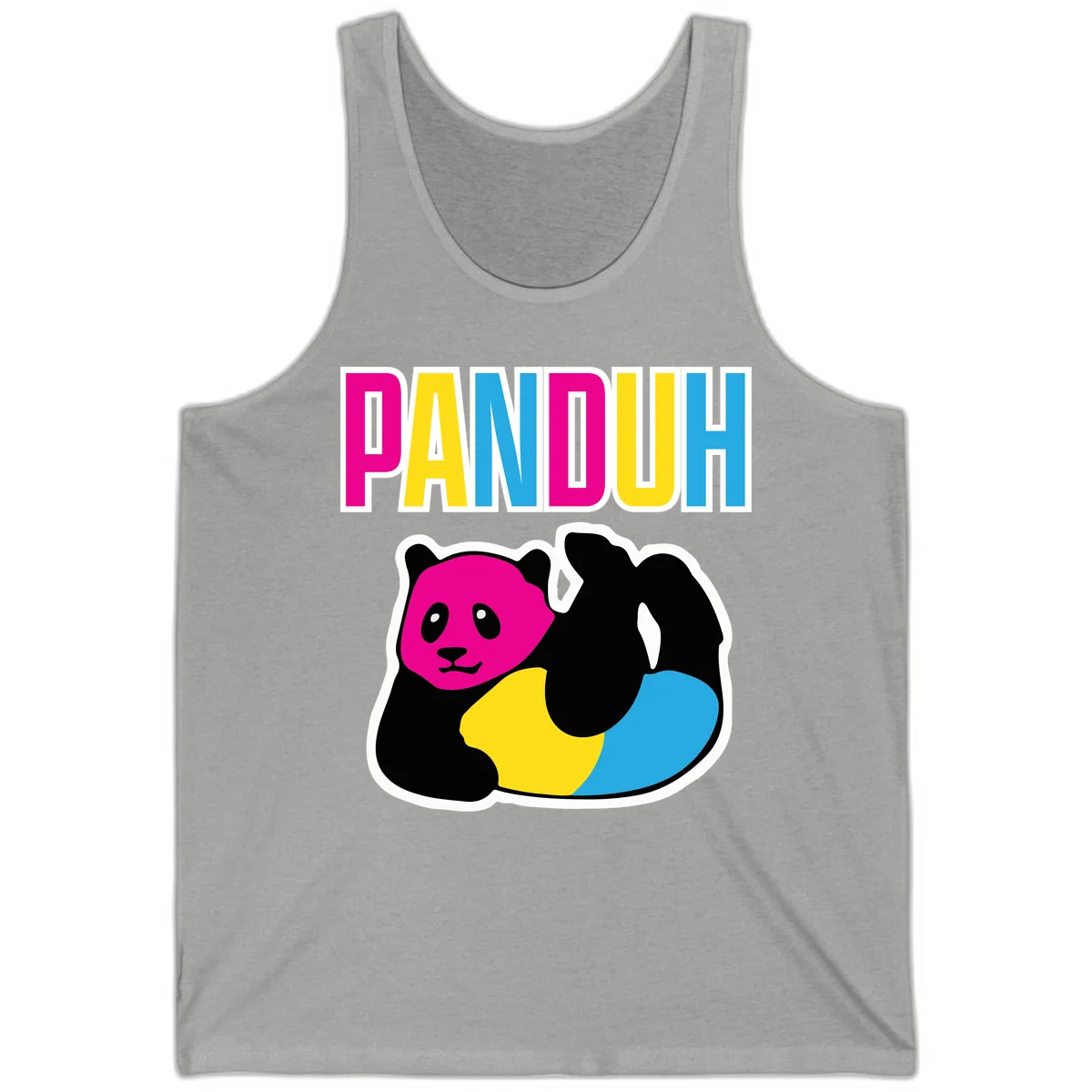 Colorful panda illustration with magenta face and black body, yellow and cyan sections, bold PANDOUH text above in CMYK colors in Athletic Heather