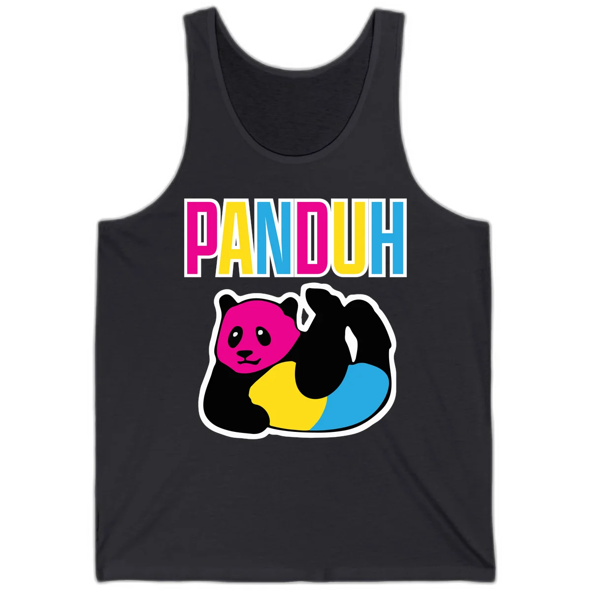 Colorful panda illustration with magenta face and black body, yellow and cyan sections, bold PANDOUH text above in CMYK colors in Dark Grey